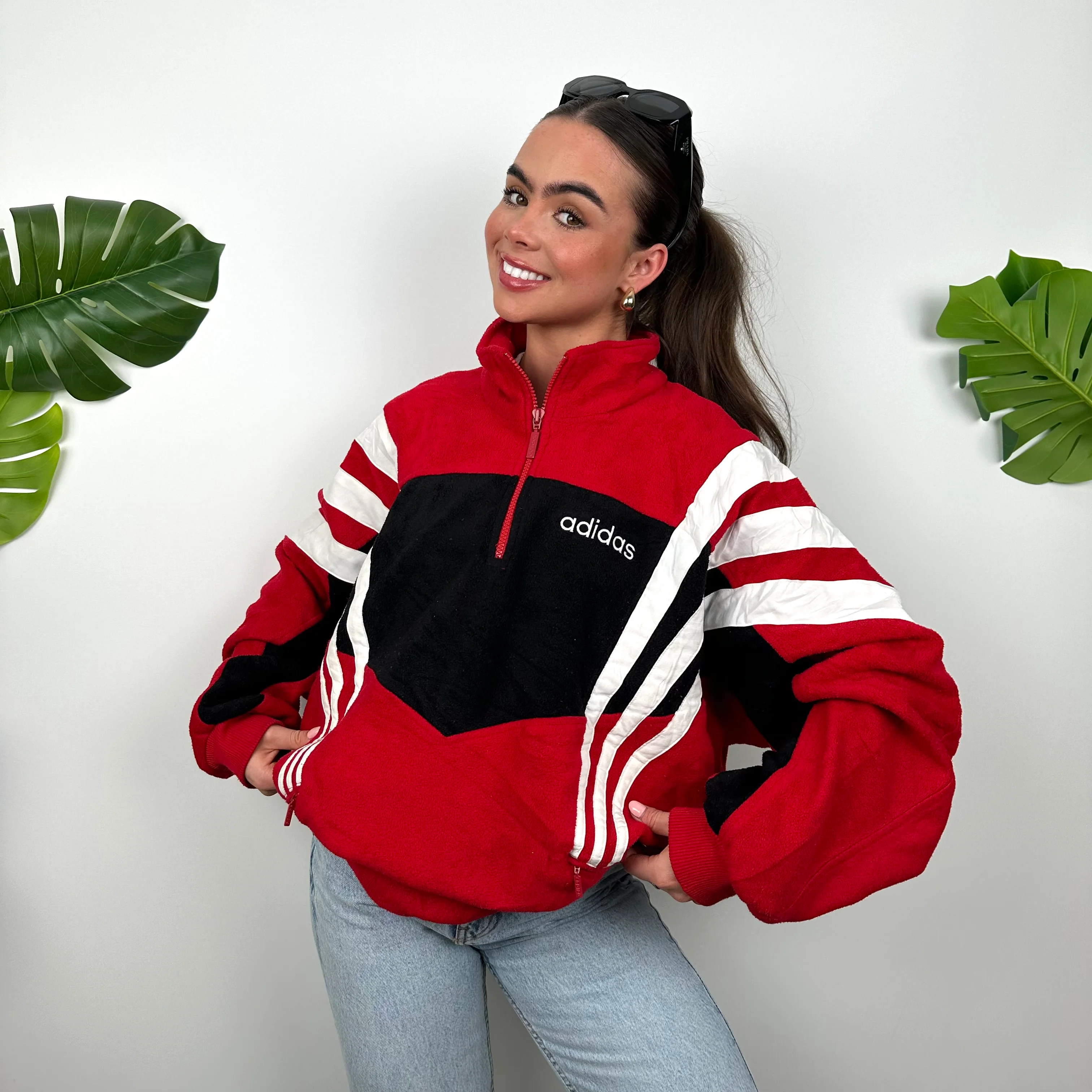 Adidas Colour Block Embroidered Spell Out Teddy Bear Fleece Quarter Zip Sweatshirt (XL) - Image 3
