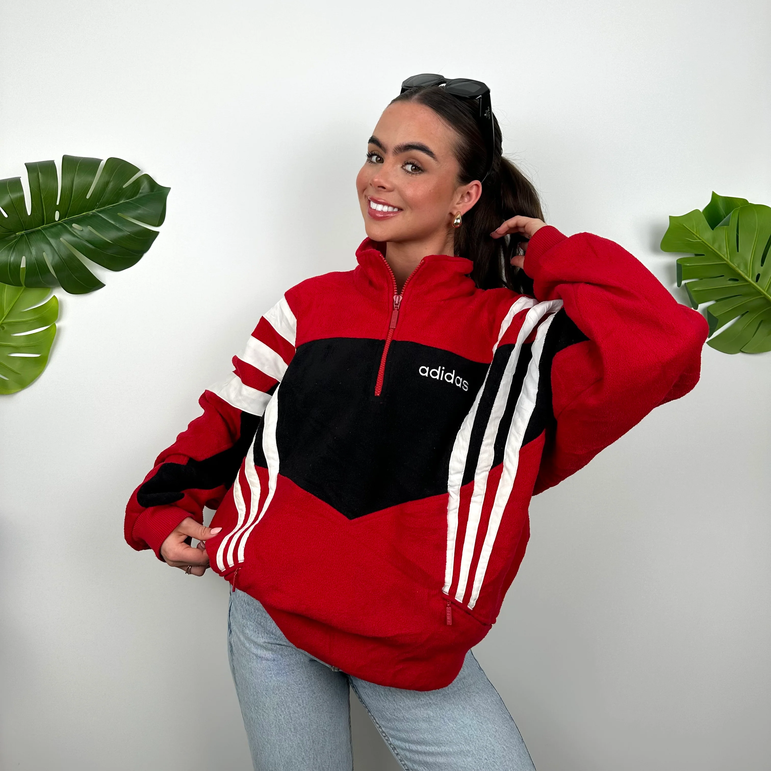 Adidas Colour Block Embroidered Spell Out Teddy Bear Fleece Quarter Zip Sweatshirt (XL) - Image 4
