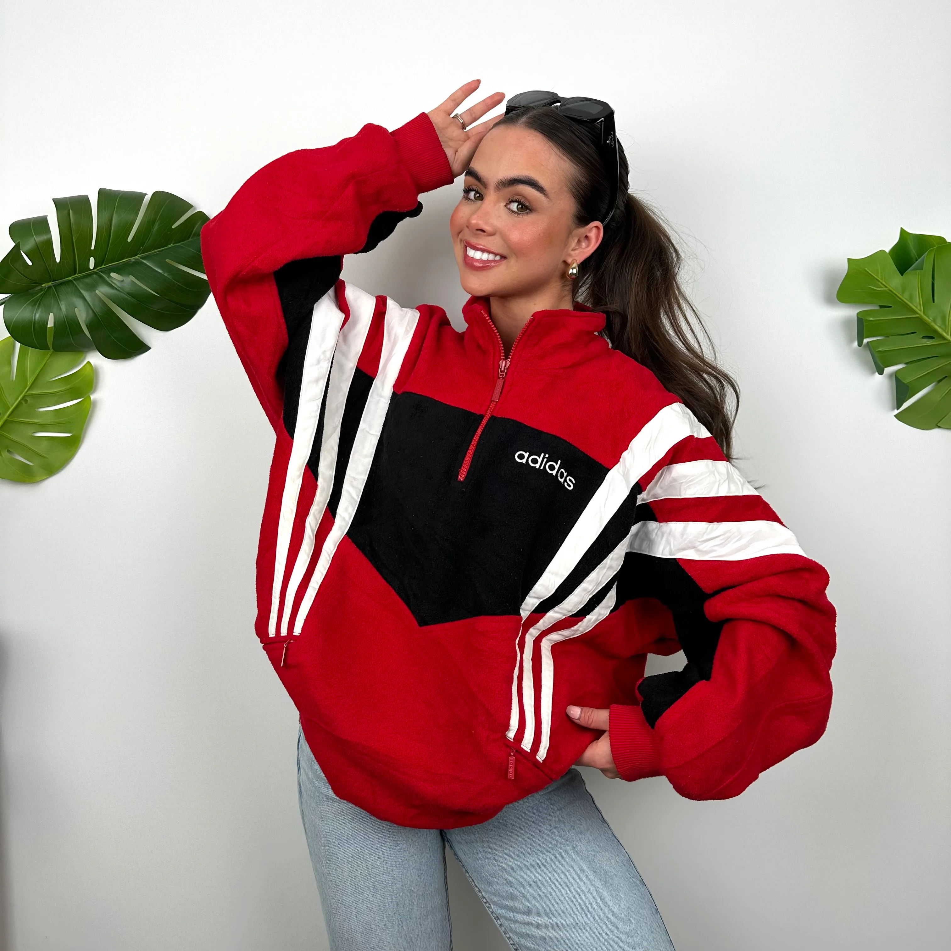 Adidas Colour Block Embroidered Spell Out Teddy Bear Fleece Quarter Zip Sweatshirt (XL) - Image 5