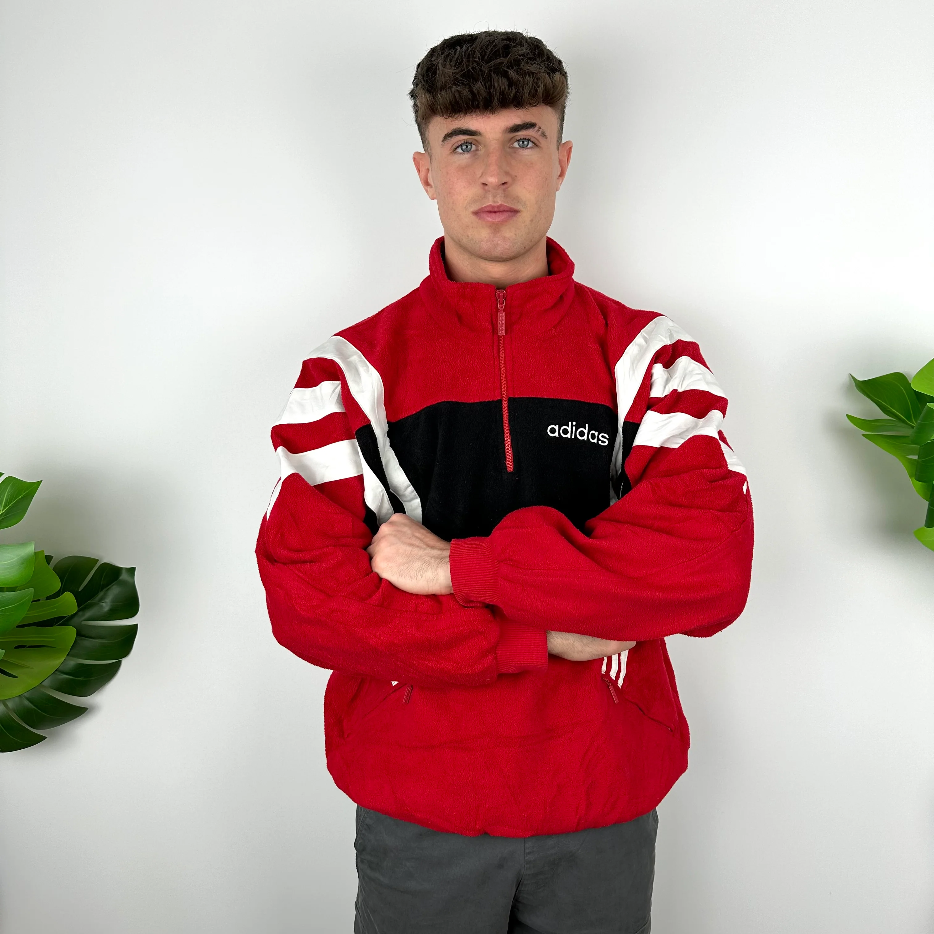 Adidas Colour Block Embroidered Spell Out Teddy Bear Fleece Quarter Zip Sweatshirt (XL) - Image 3