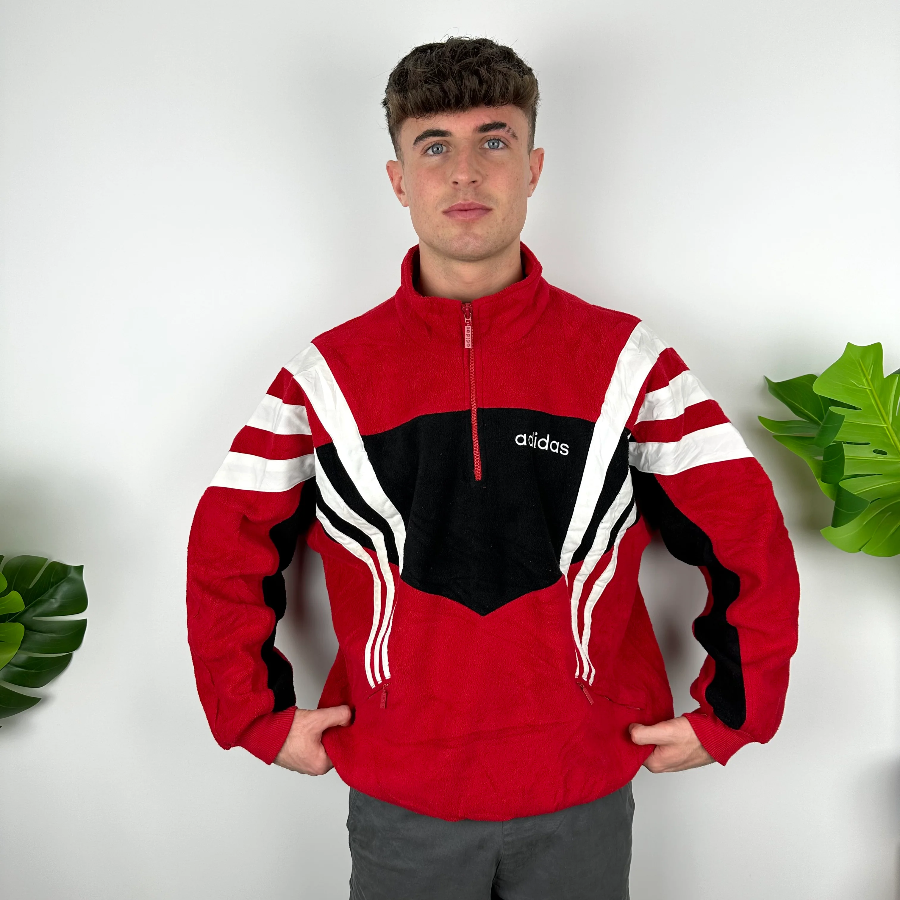 Adidas Colour Block Embroidered Spell Out Teddy Bear Fleece Quarter Zip Sweatshirt (XL) - Image 4