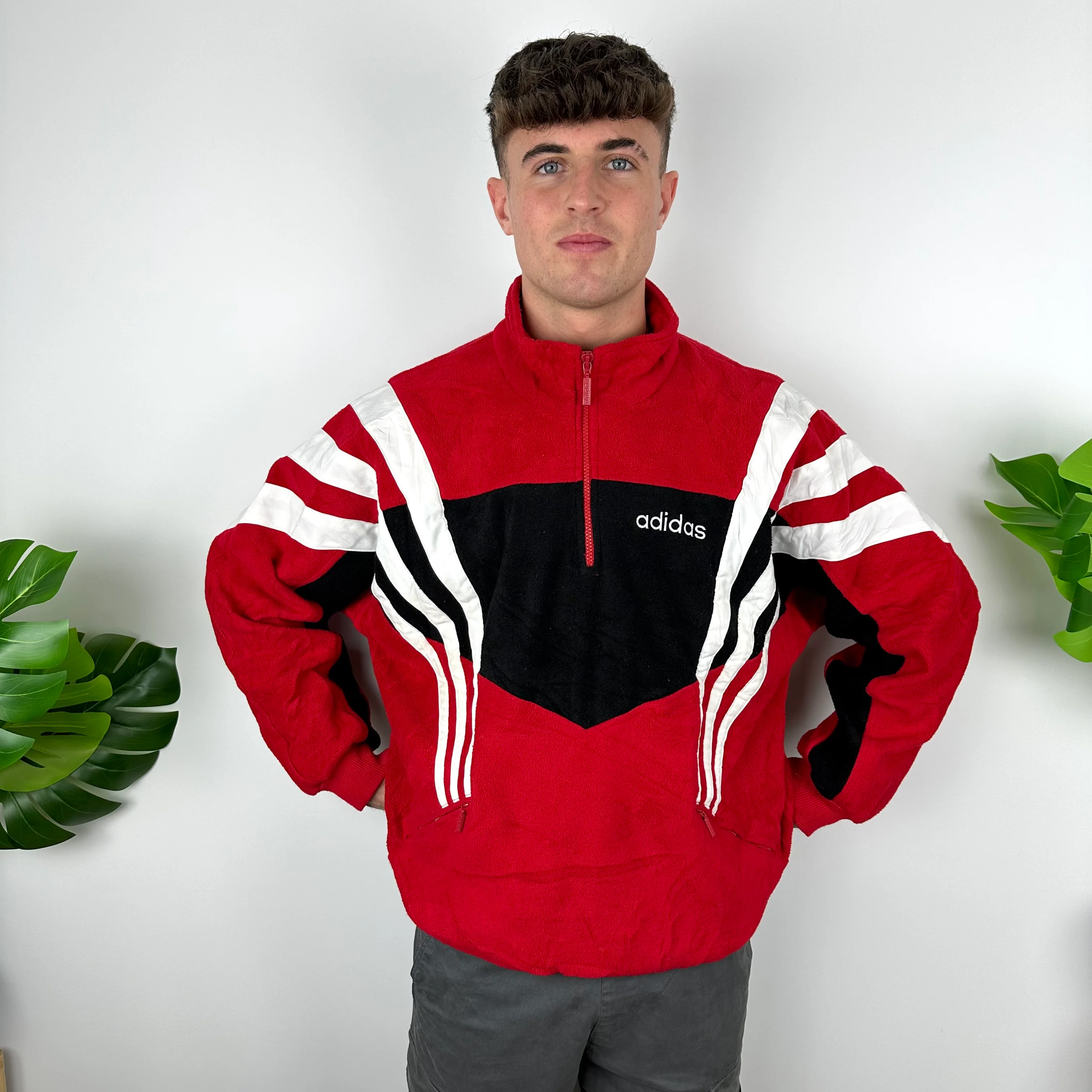 Adidas Colour Block Embroidered Spell Out Teddy Bear Fleece Quarter Zip Sweatshirt (XL) - Image 7