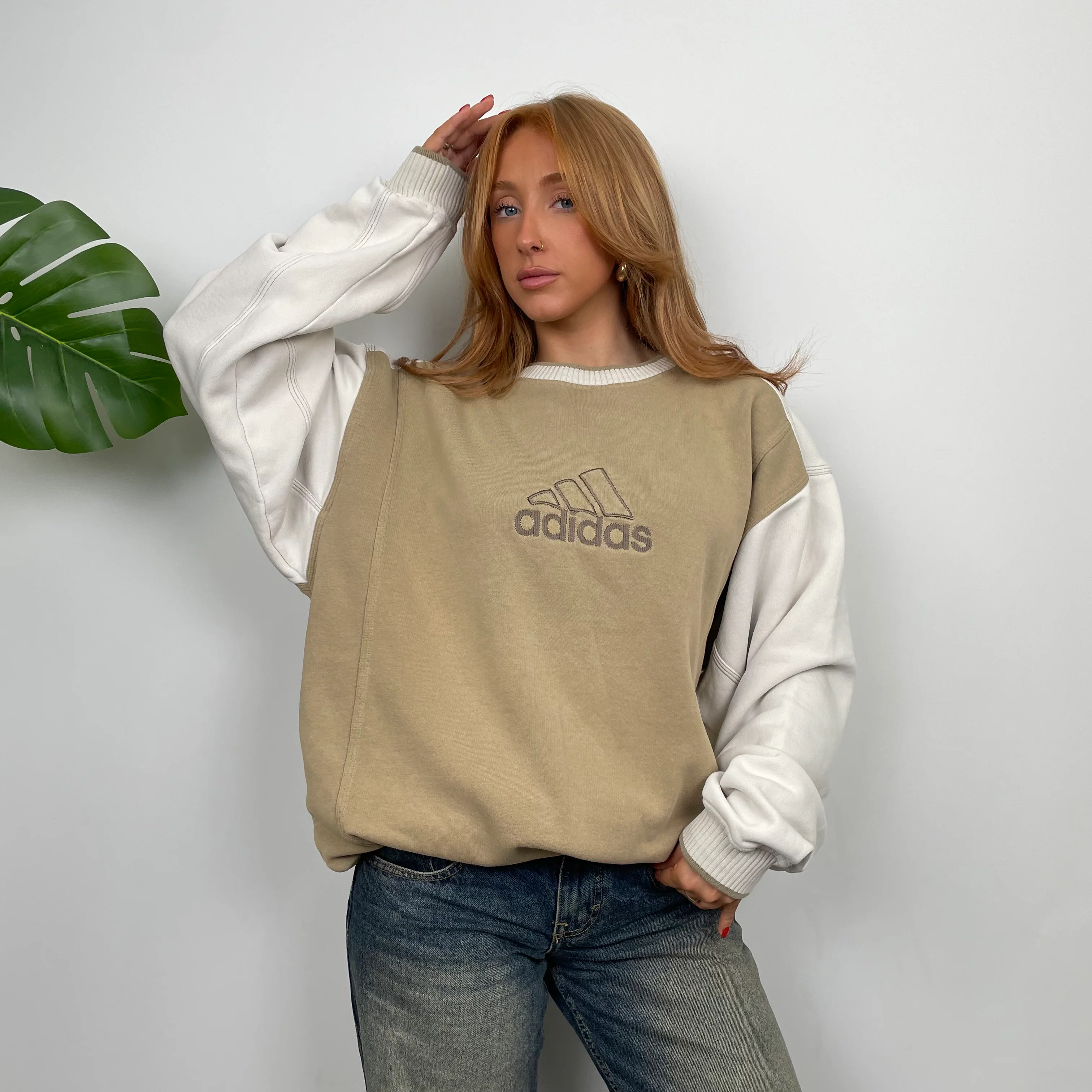 Adidas Cream and Tan Brown Embroidered Spell Out Sweatshirt (M) - Image 2