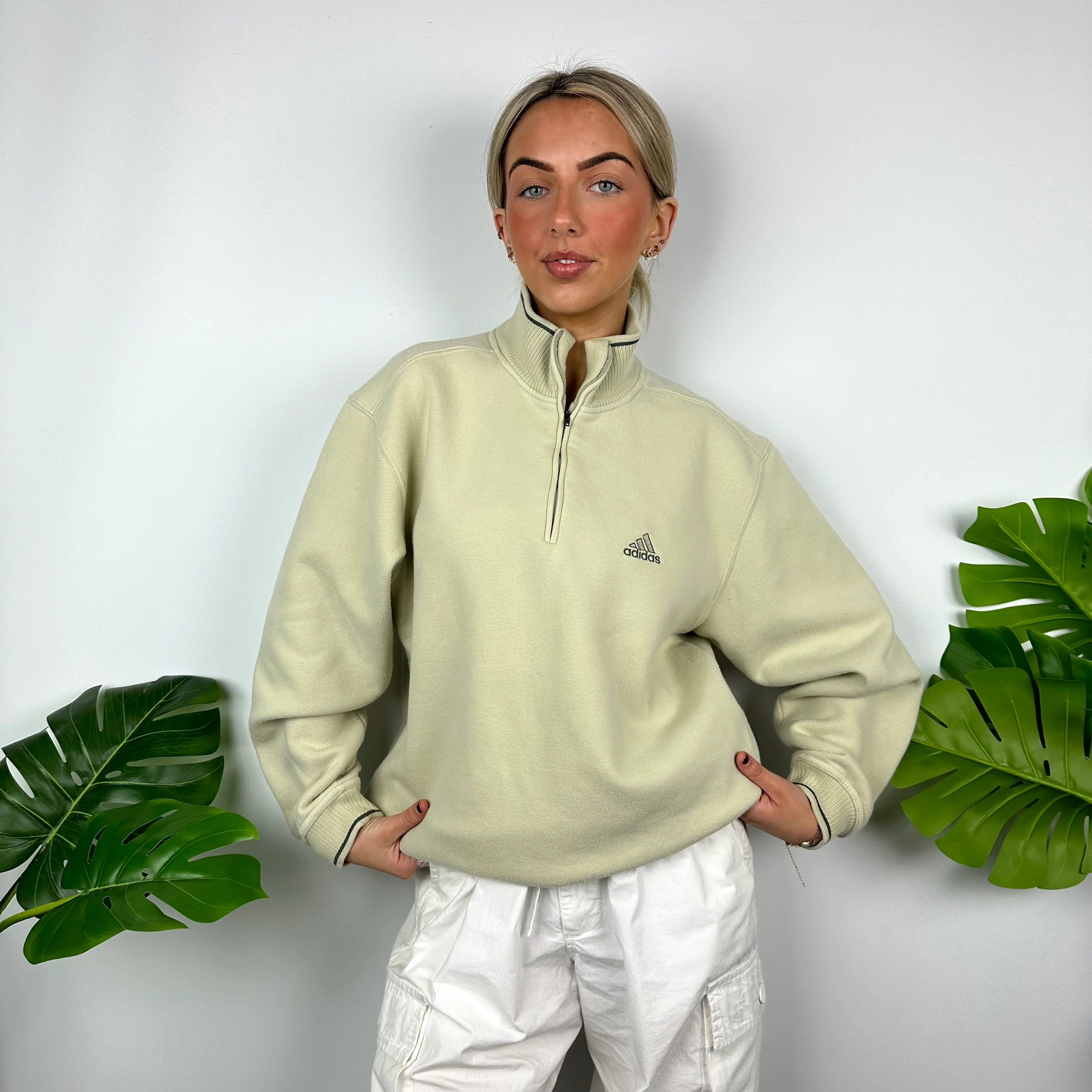 Adidas Cream Embroidered Spell Out Quarter Zip Sweatshirt (M) - Image 2