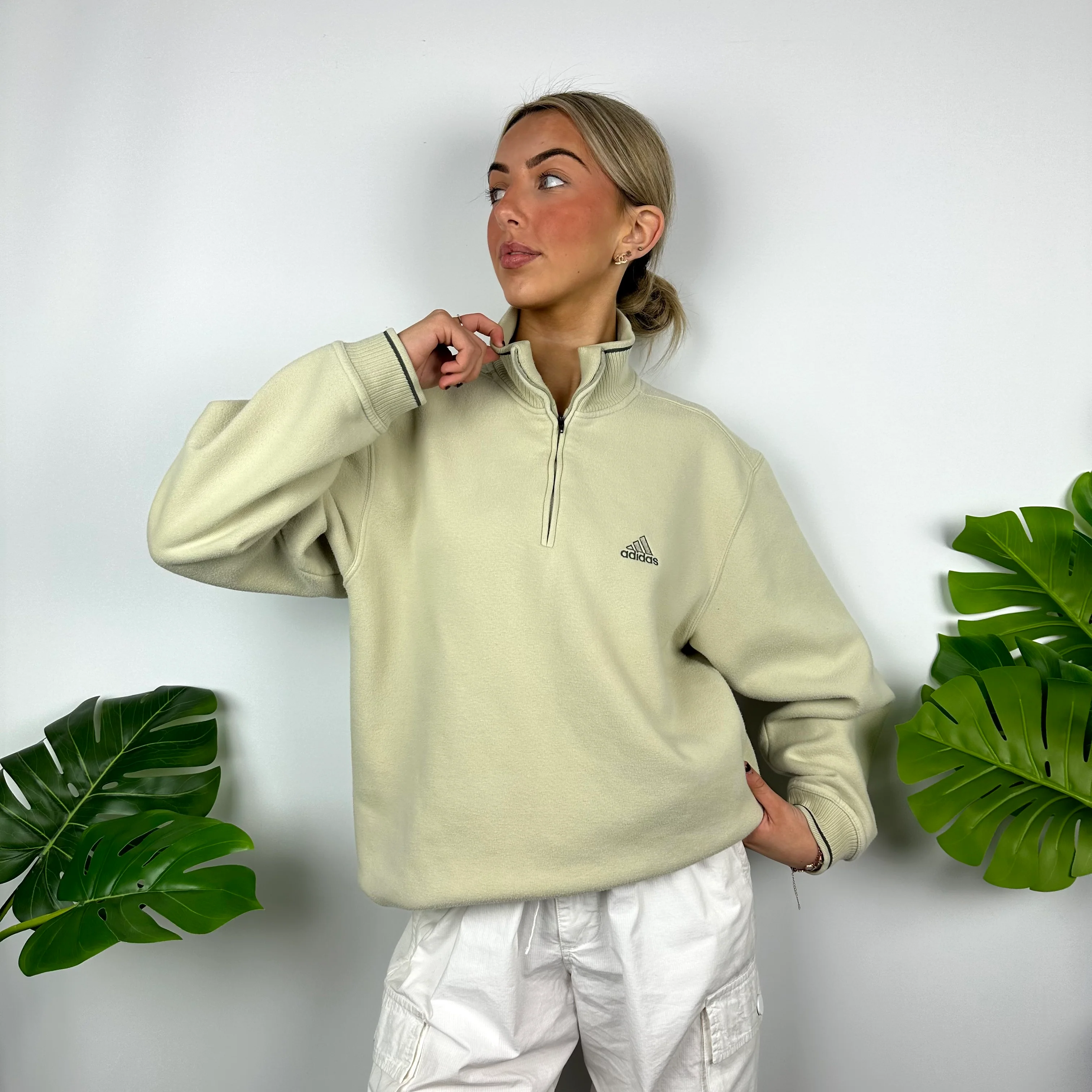 Adidas Cream Embroidered Spell Out Quarter Zip Sweatshirt (M) - Image 3