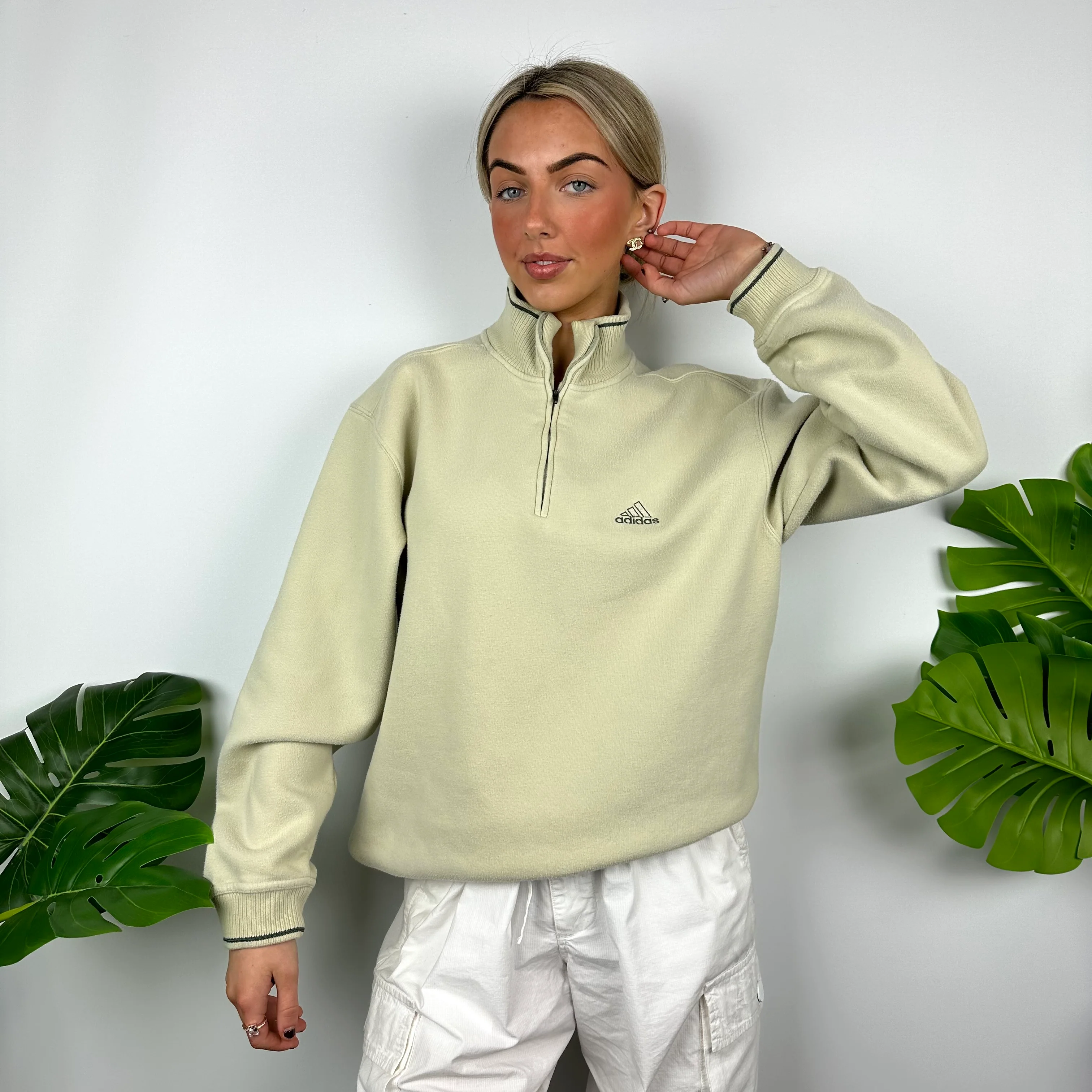 Adidas Cream Embroidered Spell Out Quarter Zip Sweatshirt (M) - Image 4