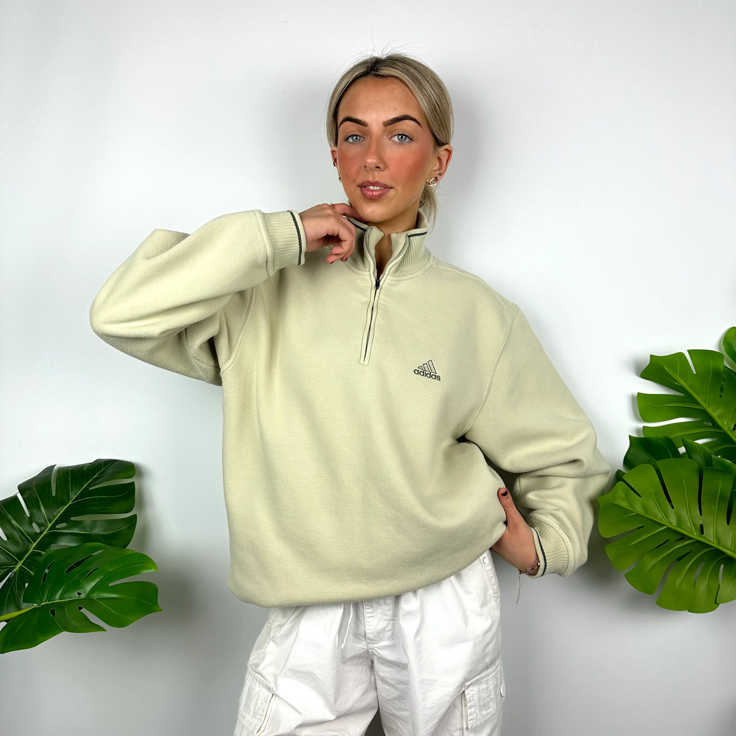 Adidas Cream Embroidered Spell Out Quarter Zip Sweatshirt (M) - Image 6