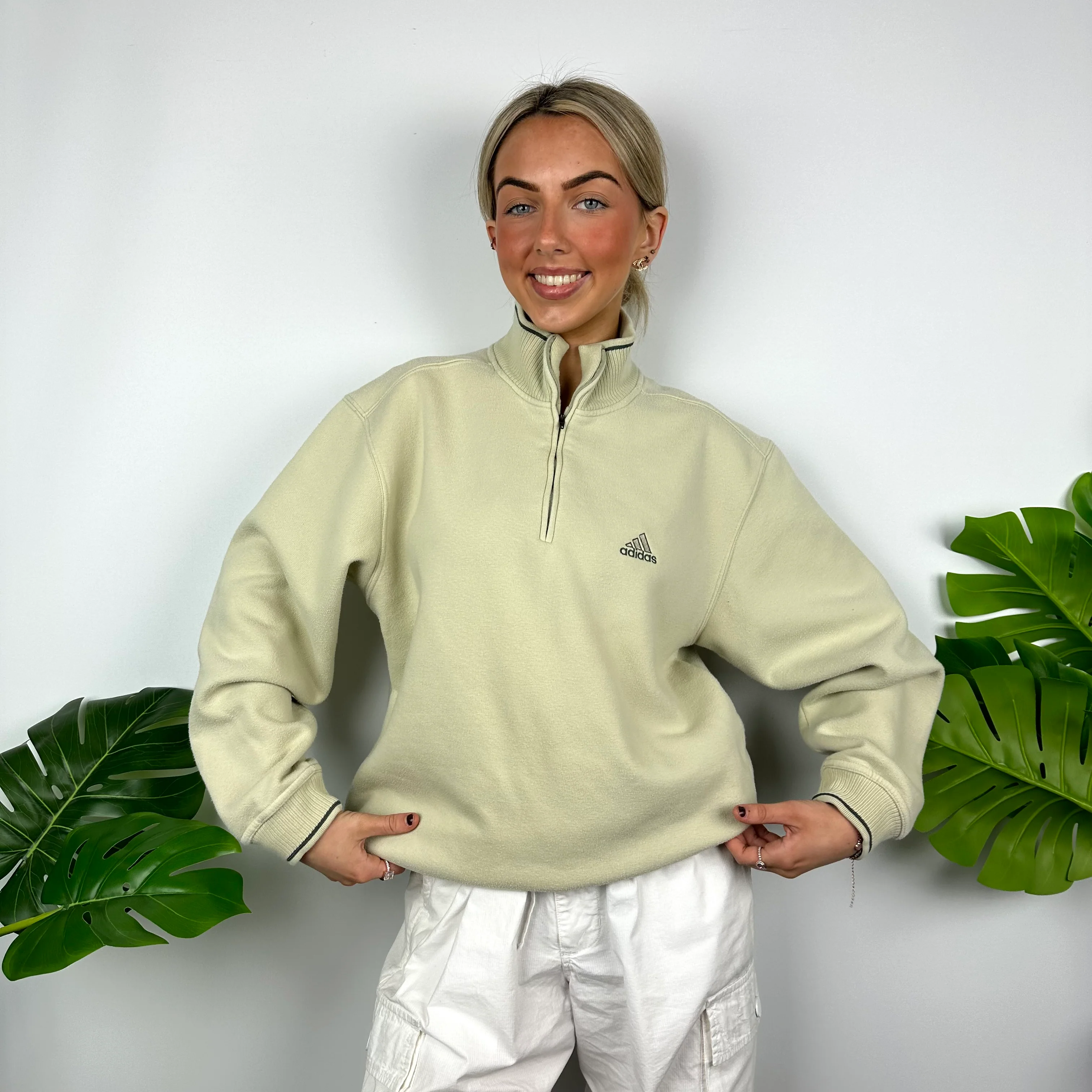 Adidas Cream Embroidered Spell Out Quarter Zip Sweatshirt (M) - Image 7