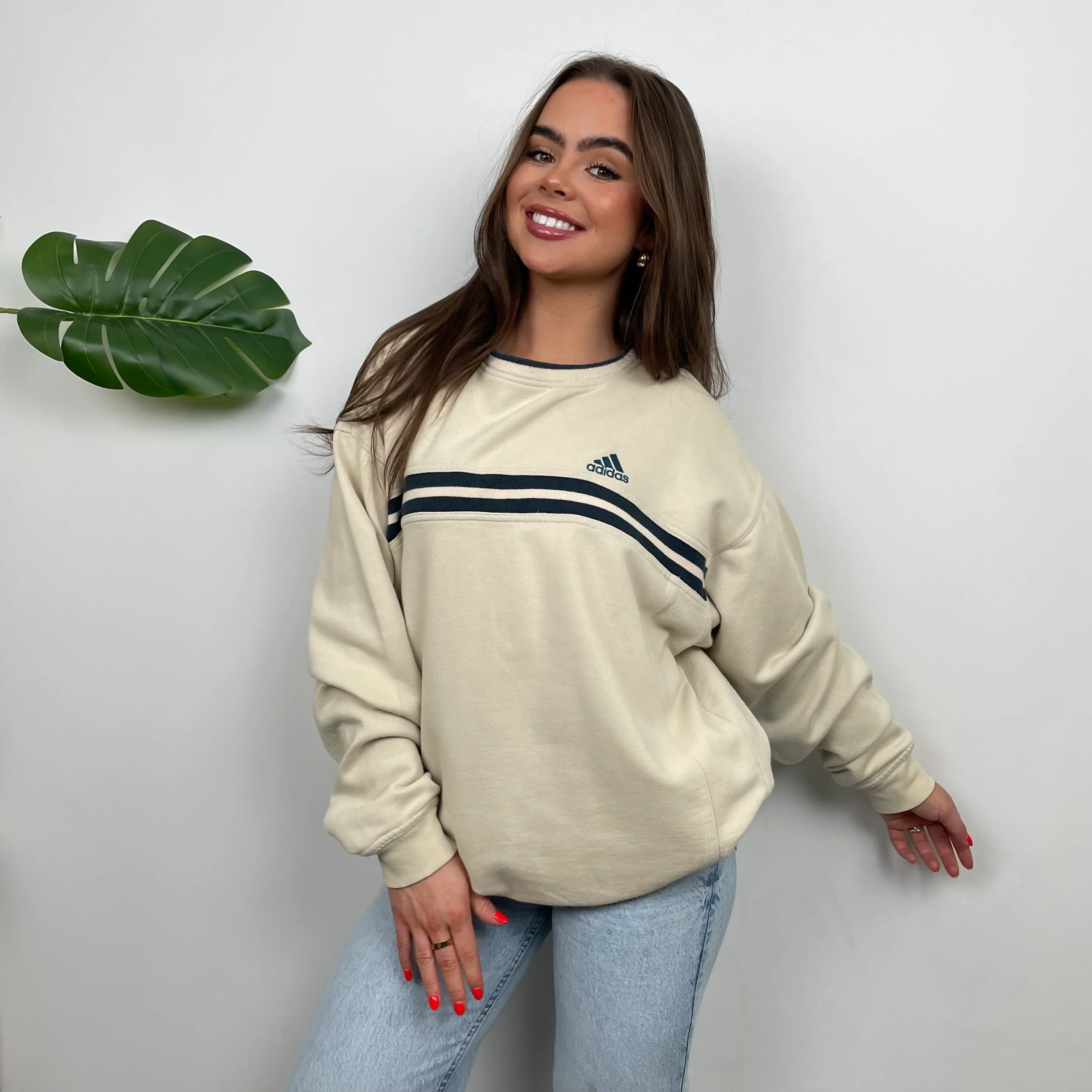 Adidas Cream Embroidered Spell Out Sweatshirt (L) - Image 4