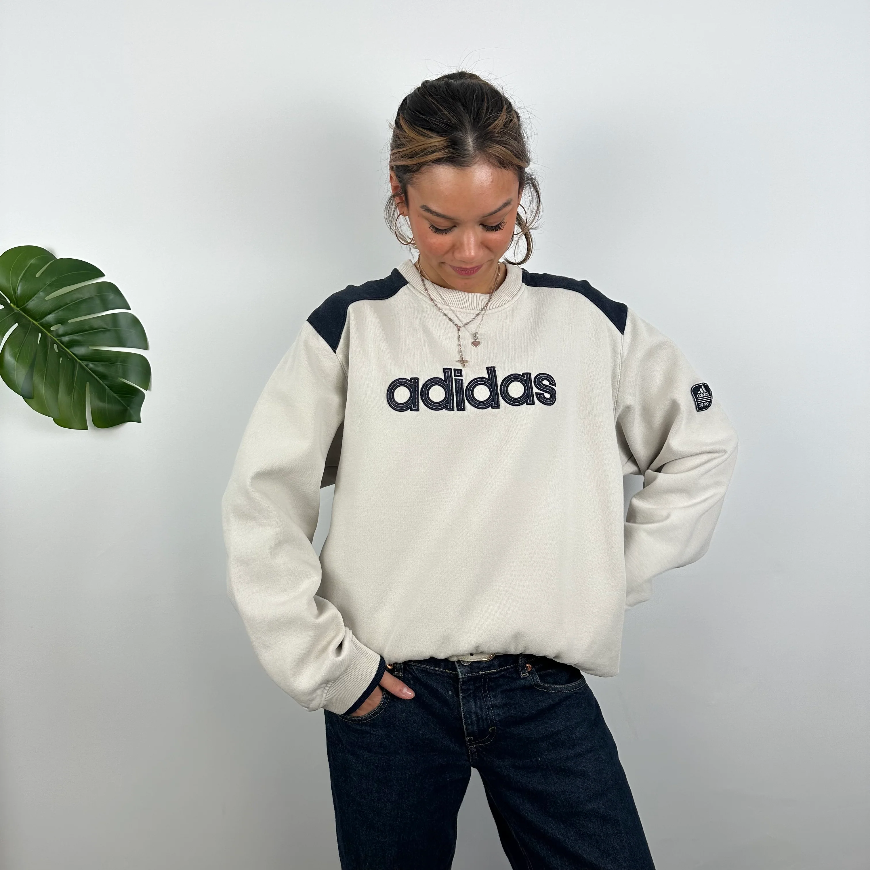 Adidas Cream Embroidered Spell Out Sweatshirt (L)