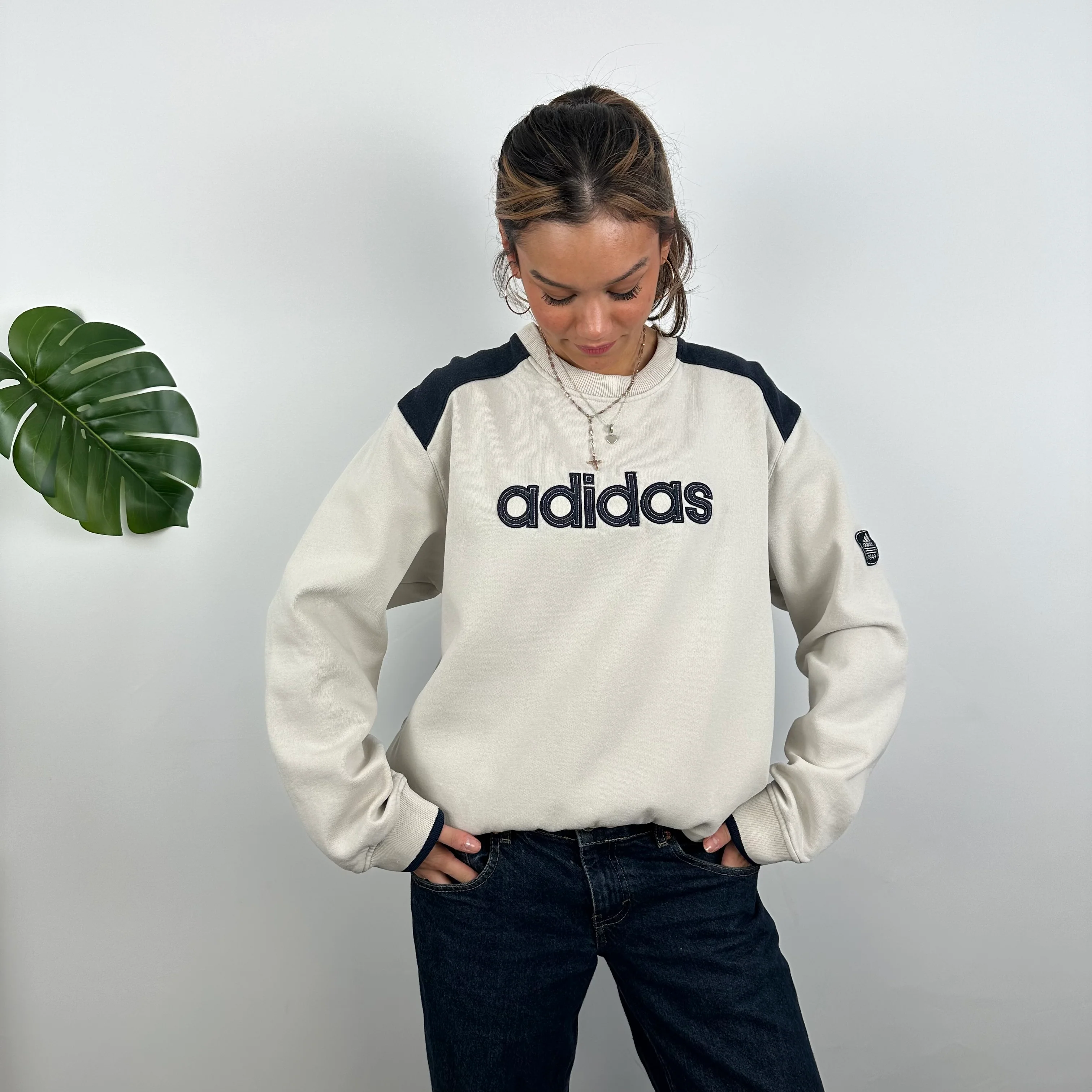 Adidas Cream Embroidered Spell Out Sweatshirt (L) - Image 3