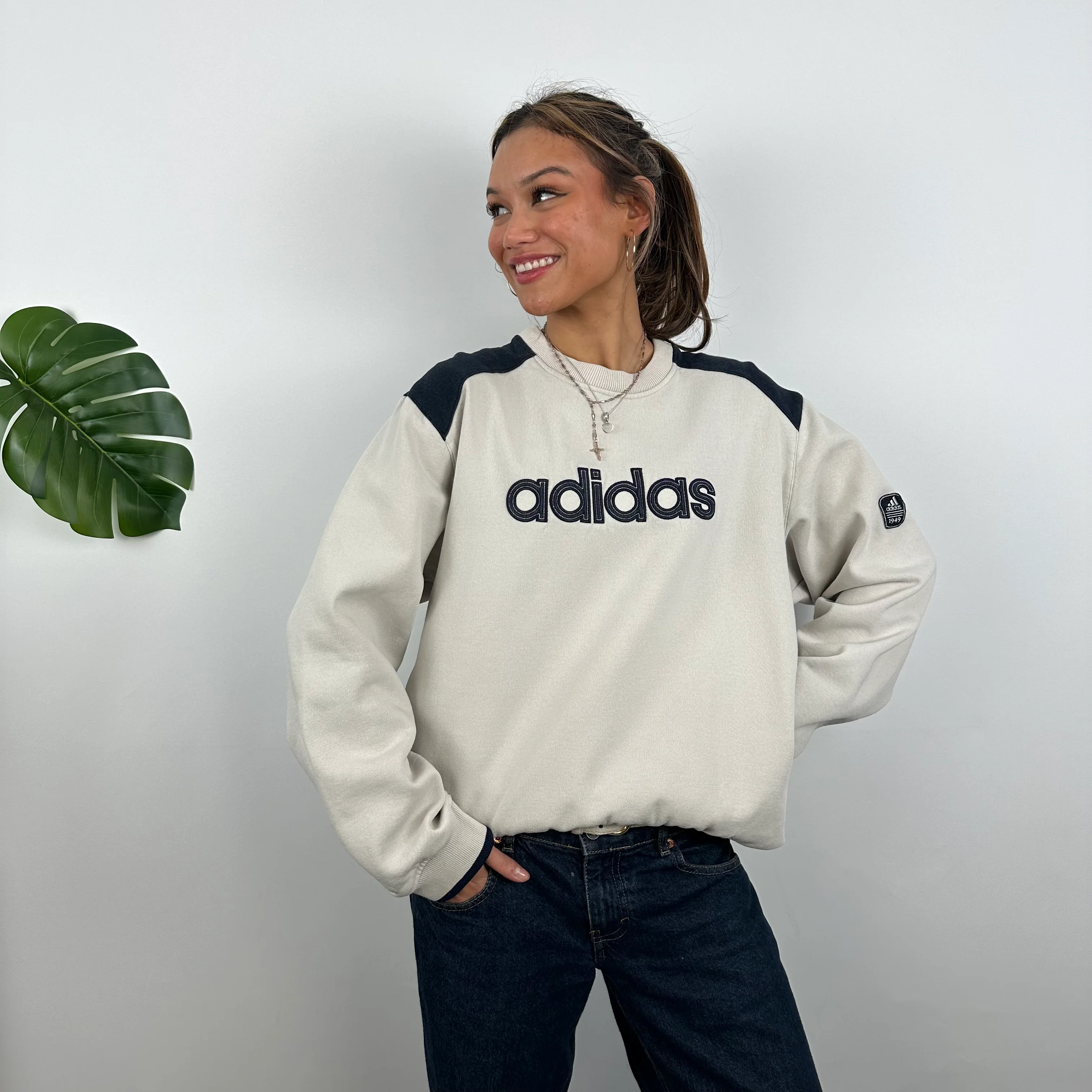 Adidas Cream Embroidered Spell Out Sweatshirt (L) - Image 4