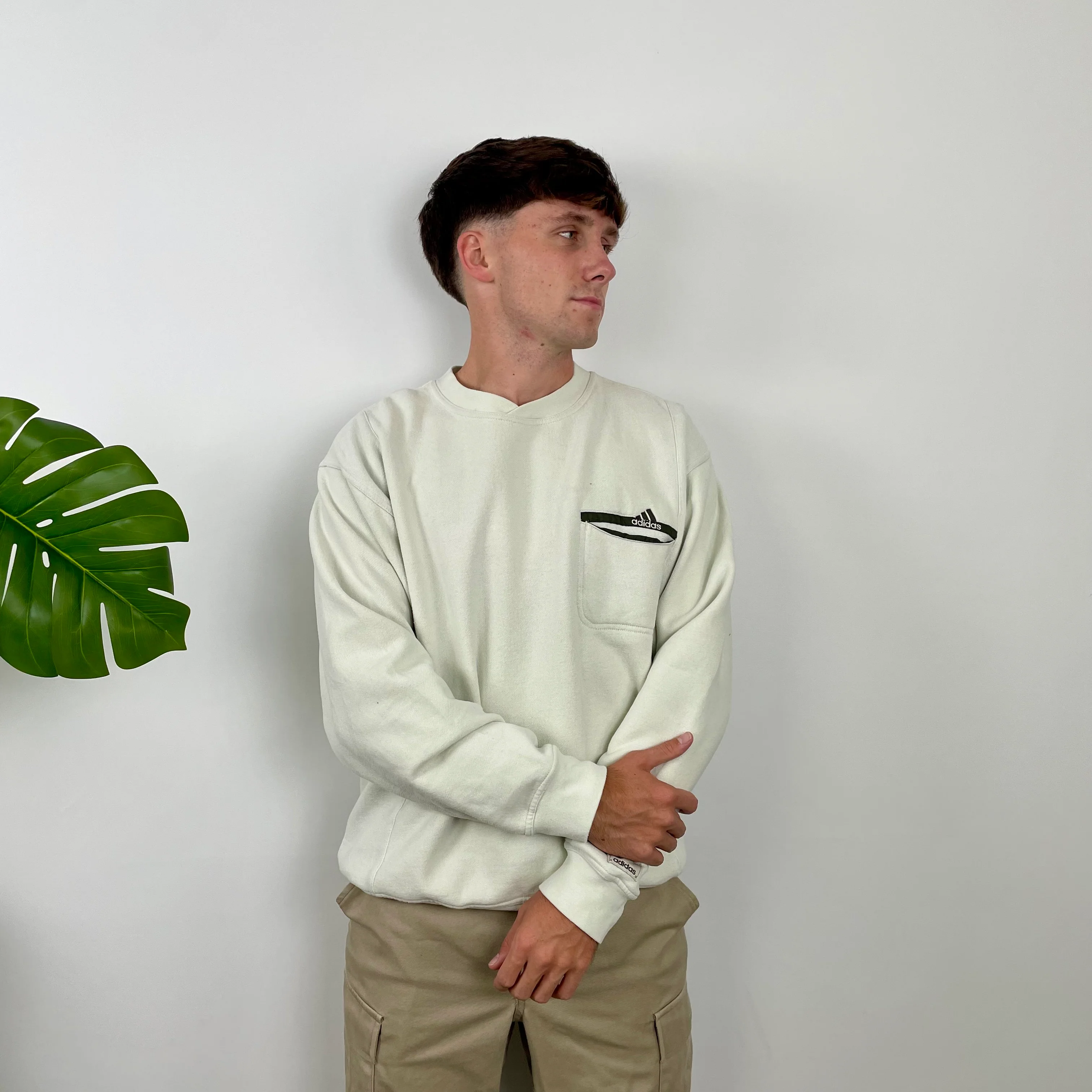 Adidas Cream Embroidered Spell Out Sweatshirt (M) - Image 4