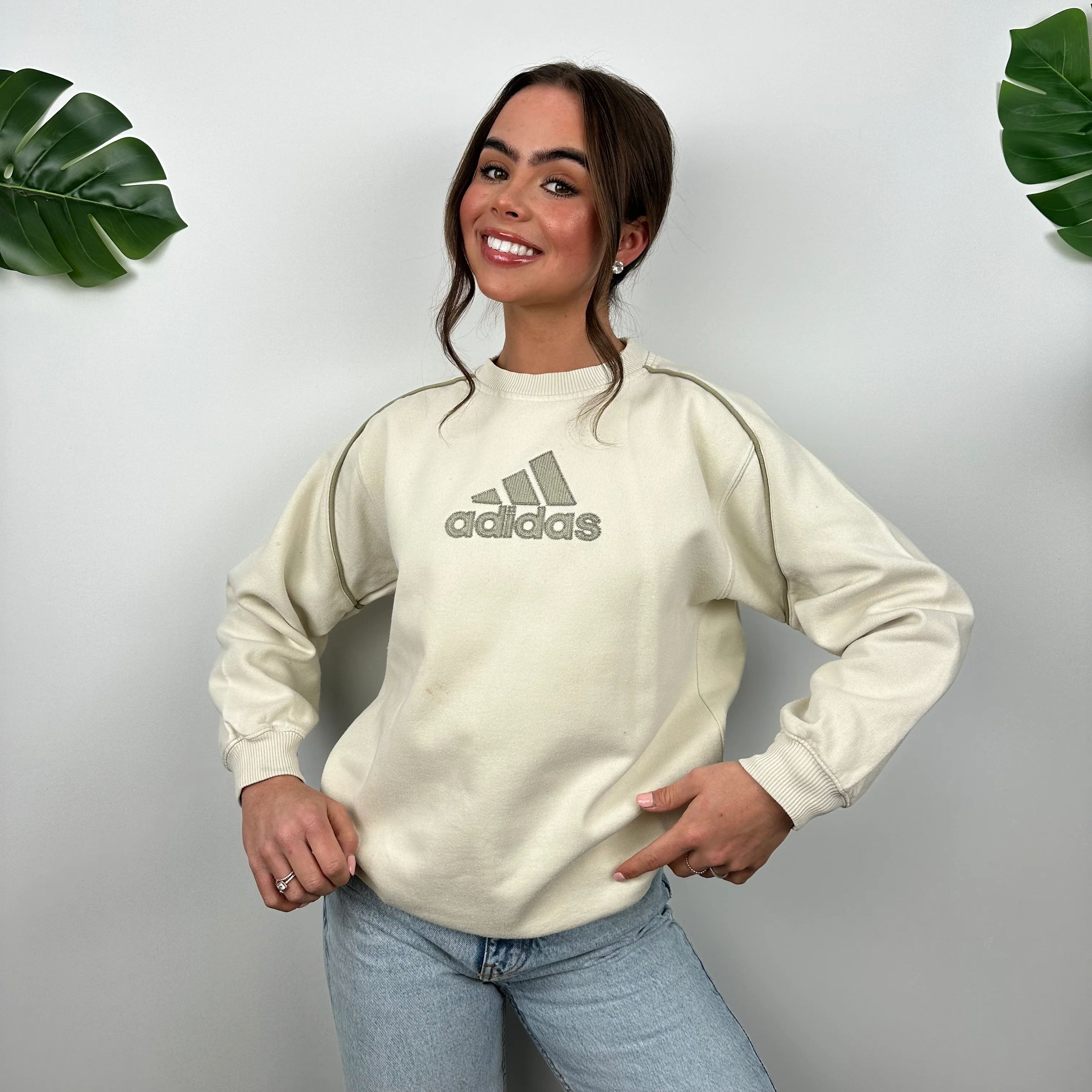 Adidas Cream Embroidered Spell Out Sweatshirt (S) - Image 3