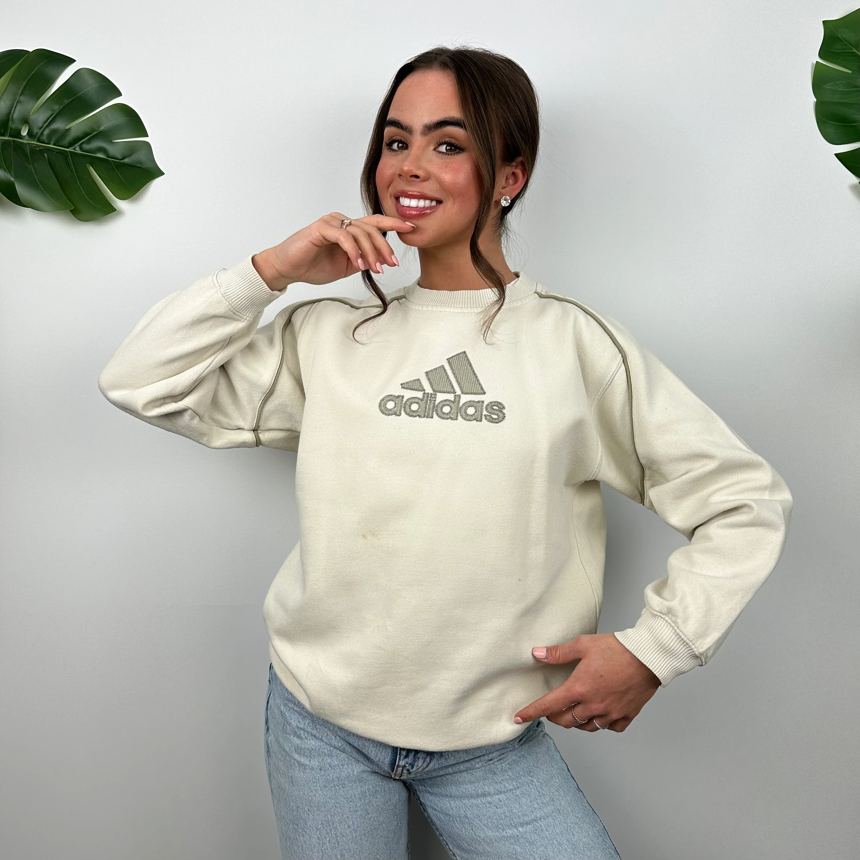 Adidas Cream Embroidered Spell Out Sweatshirt (S) - Image 6