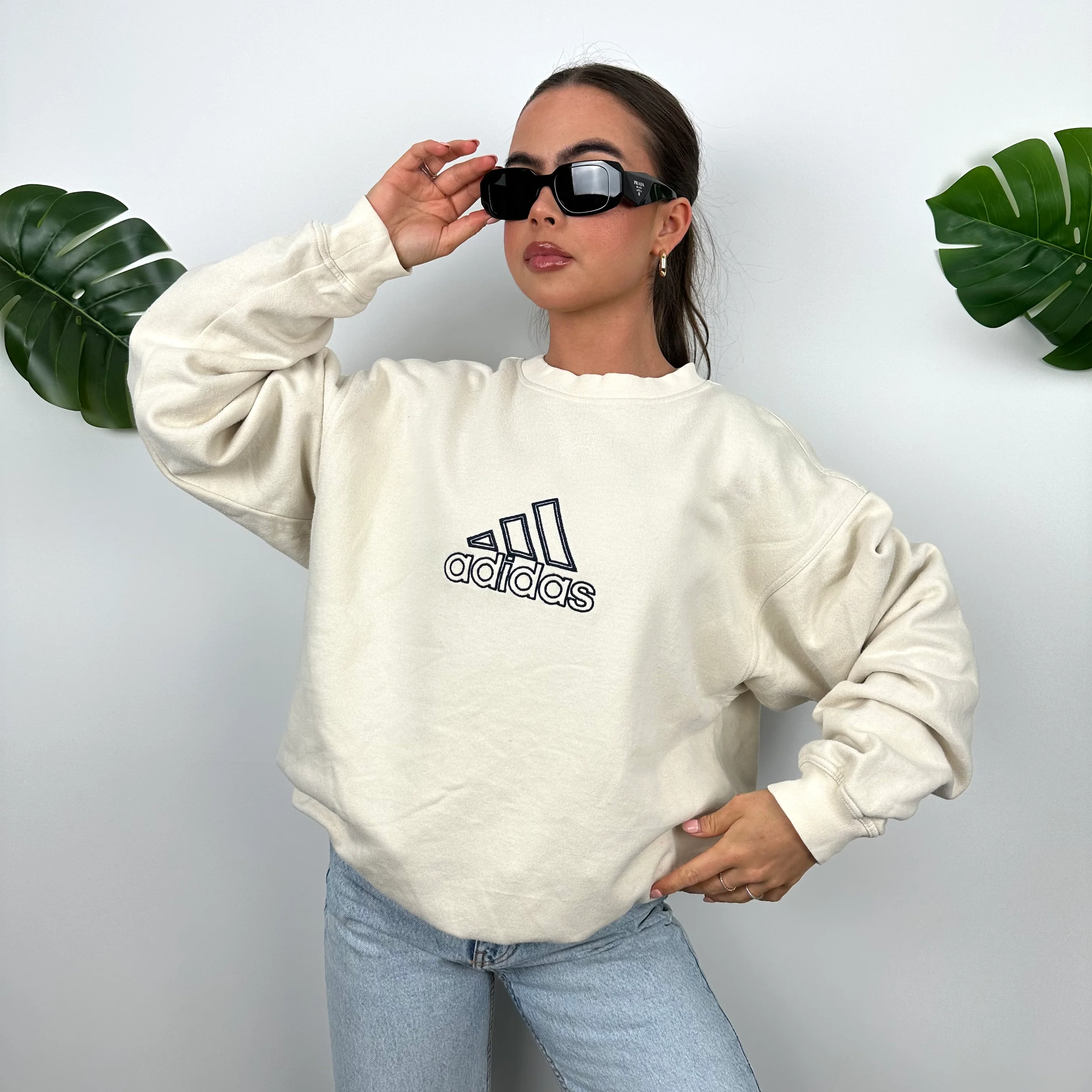 Adidas Cream Embroidered Spell Out Sweatshirt (XL) - Image 2