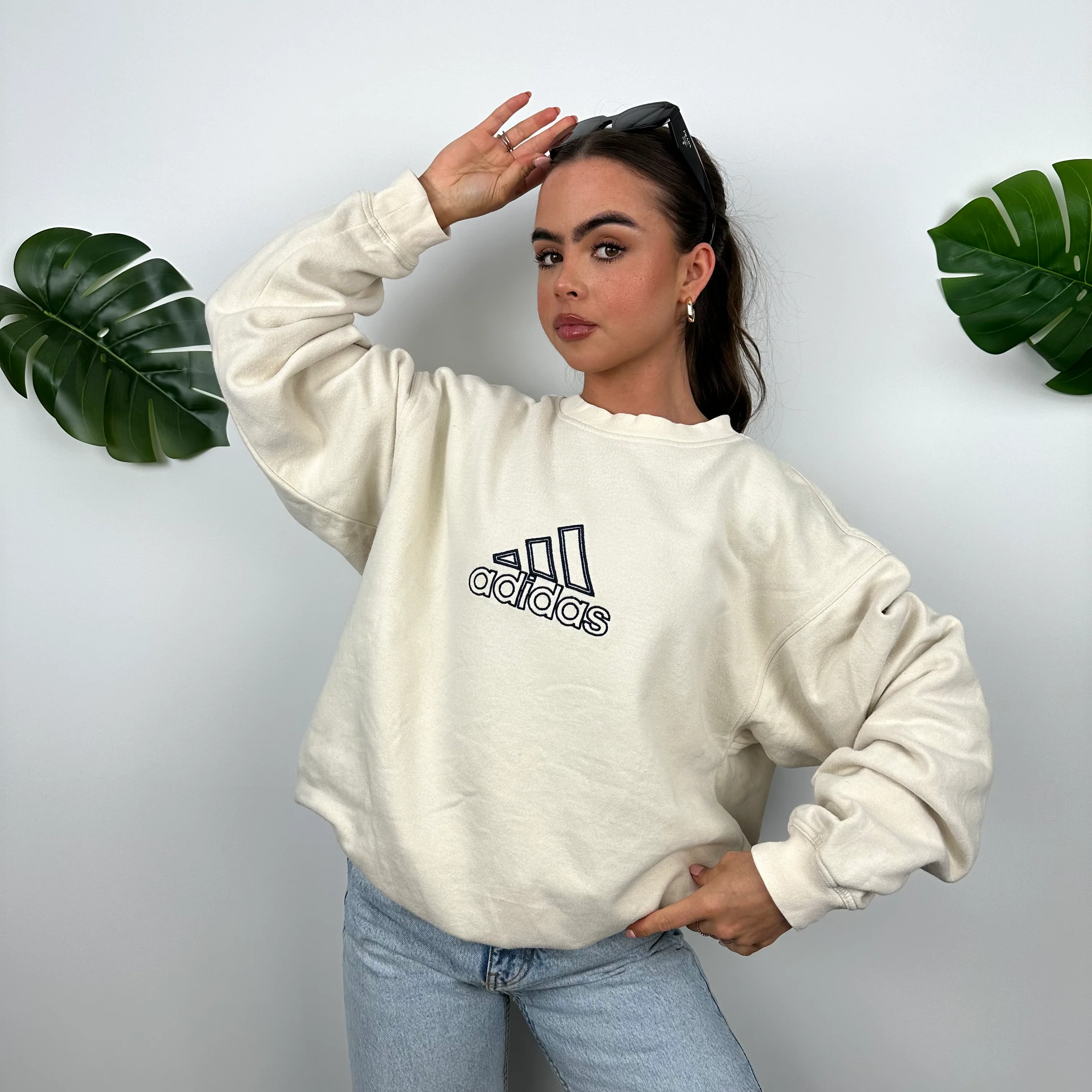 Adidas Cream Embroidered Spell Out Sweatshirt (XL) - Image 3