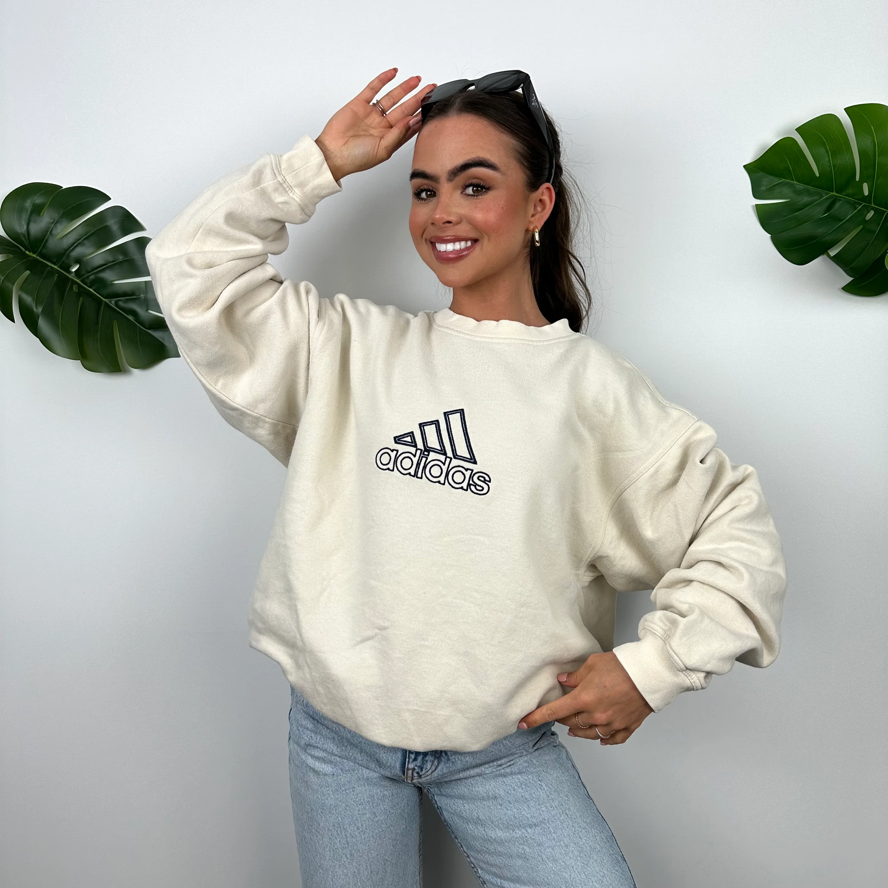 Adidas Cream Embroidered Spell Out Sweatshirt (XL) - Image 5