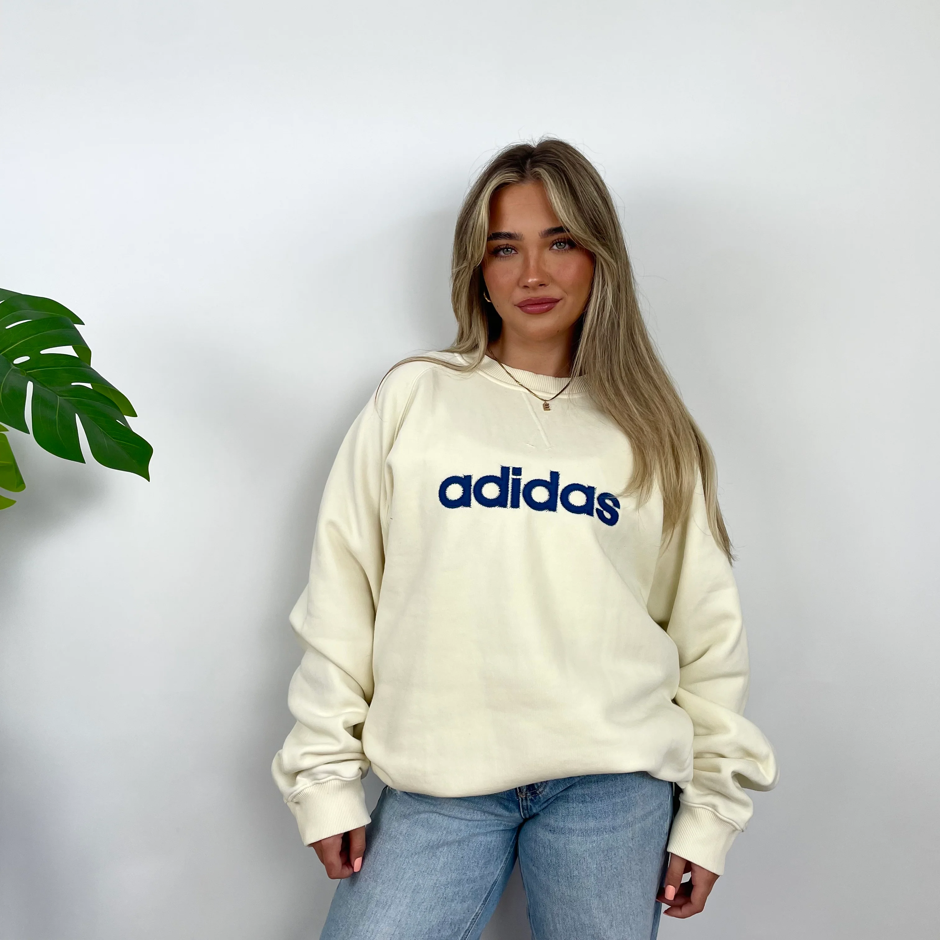 Adidas Cream Embroidered Spell Out Sweatshirt (XL)