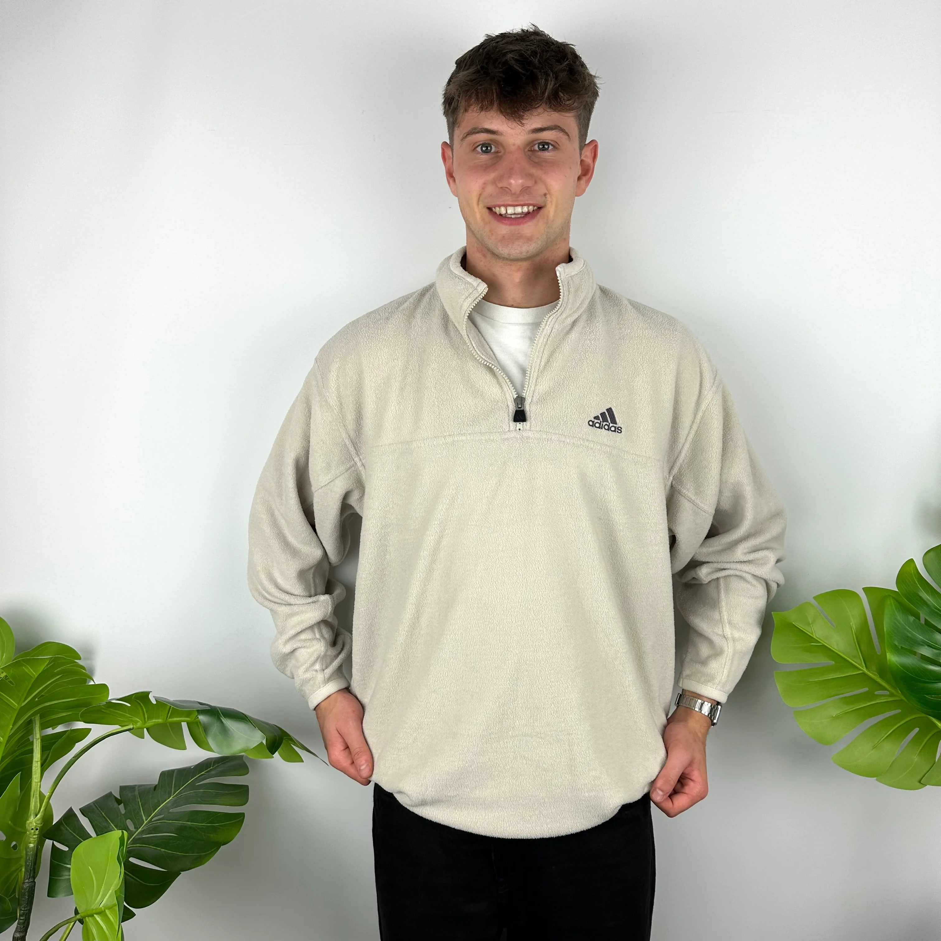 Adidas Cream Embroidered Spell Out Teddy Bear Fleece Quarter Zip Sweatshirt (XL)