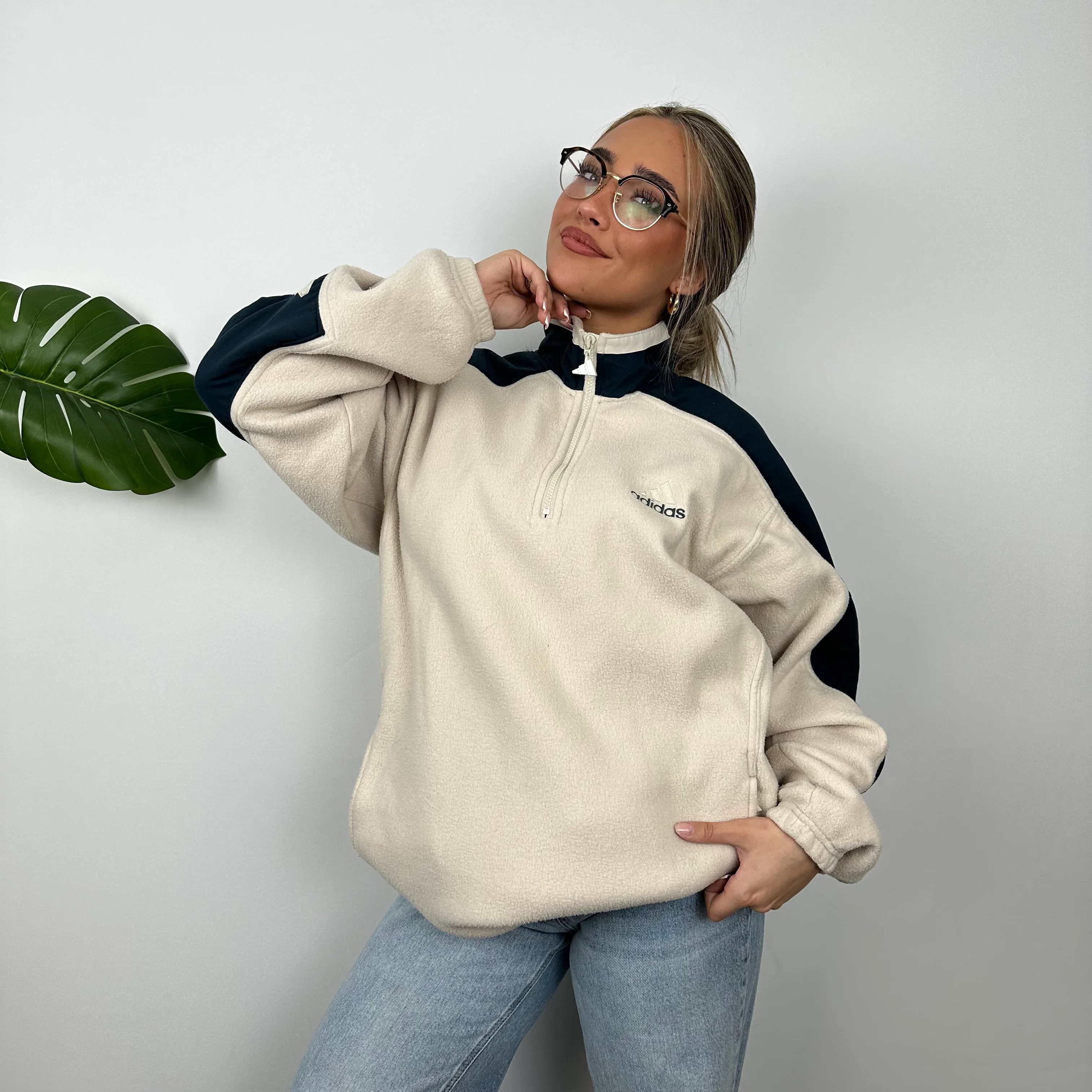 Adidas Cream Embroidered Spell Out Teddy Bear Fleece Quarter Zip Sweatshirt (L) - Image 2