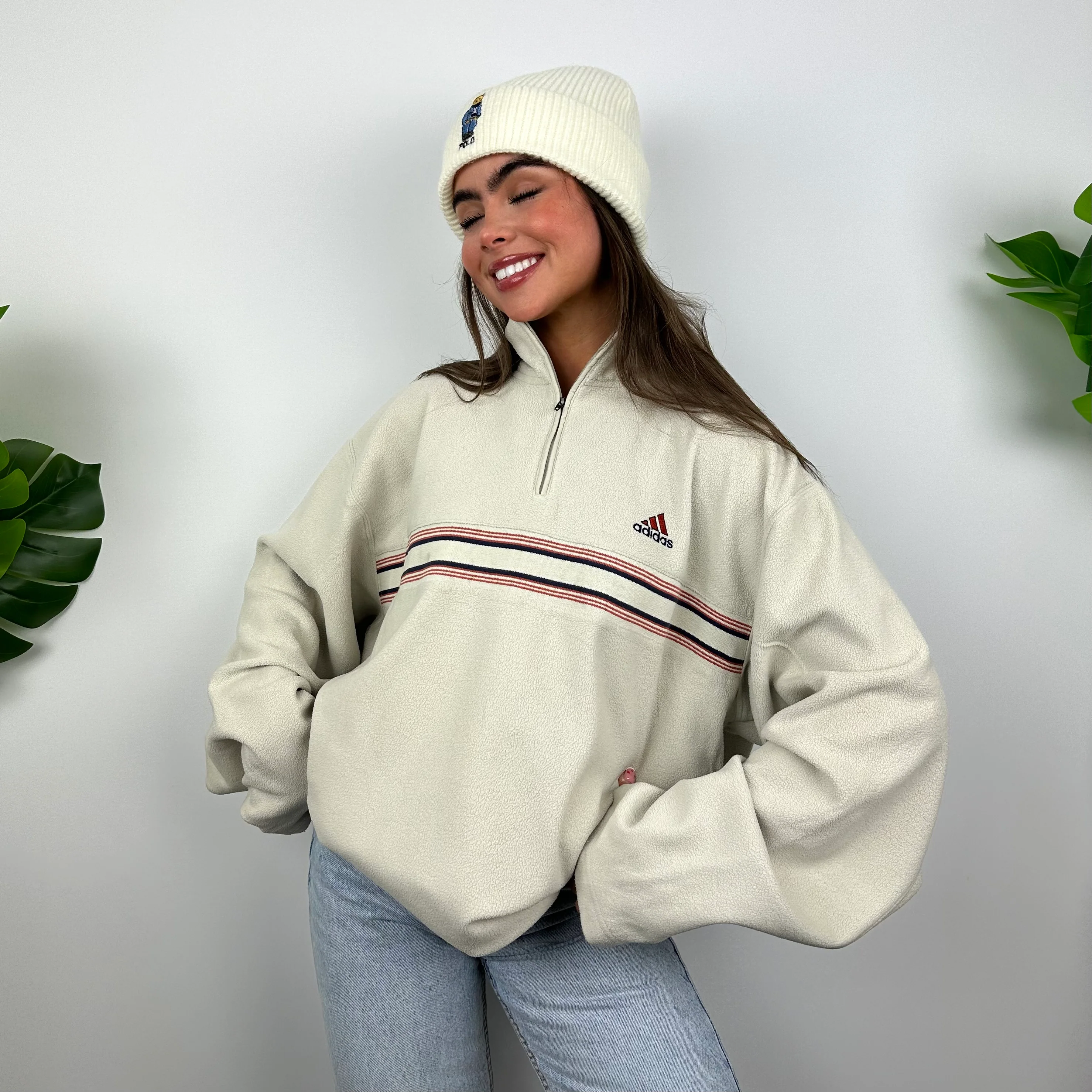Adidas Cream Embroidered Spell Out Teddy Bear Fleece Quarter Zip Sweatshirt (XL) - Image 2
