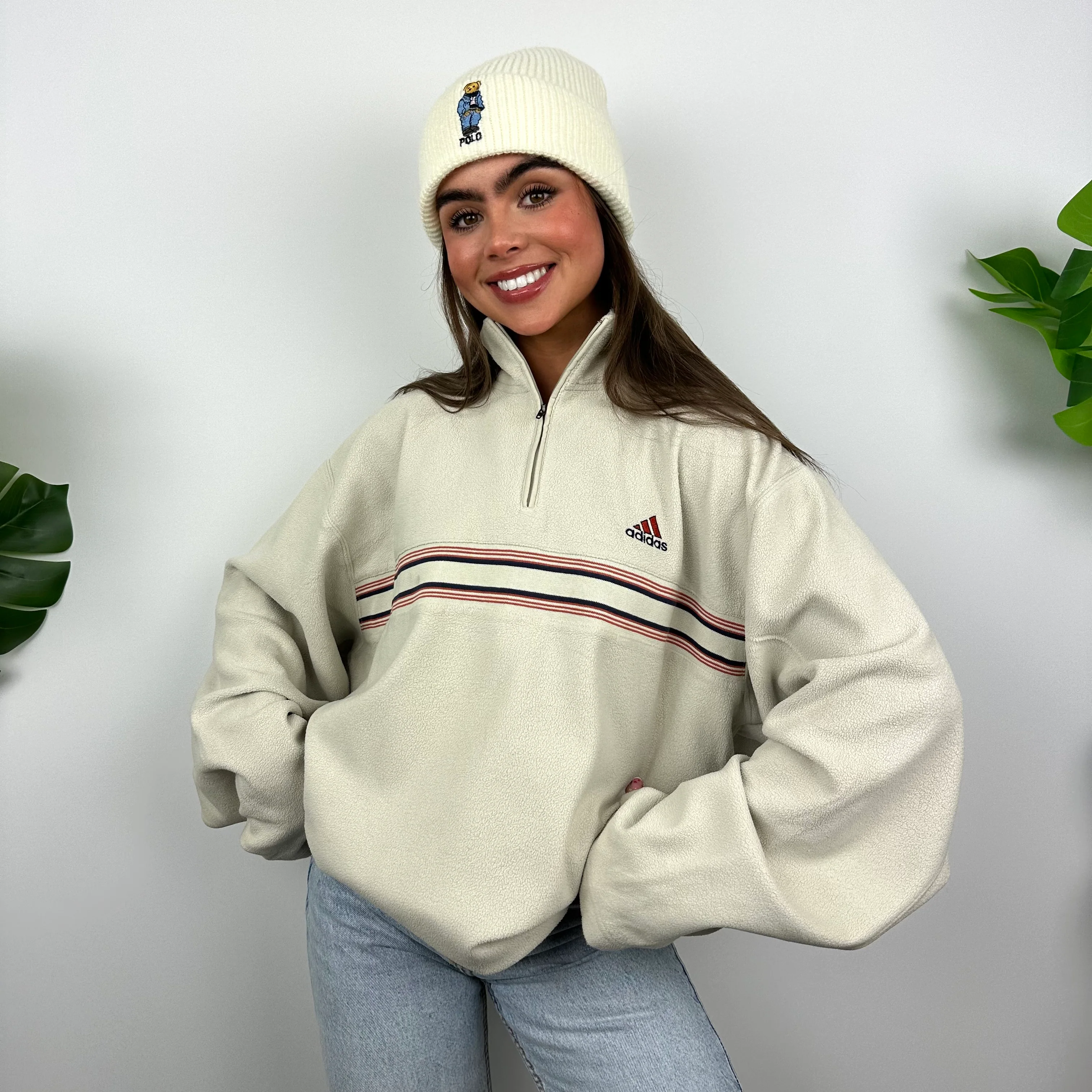 Adidas Cream Embroidered Spell Out Teddy Bear Fleece Quarter Zip Sweatshirt (XL) - Image 3