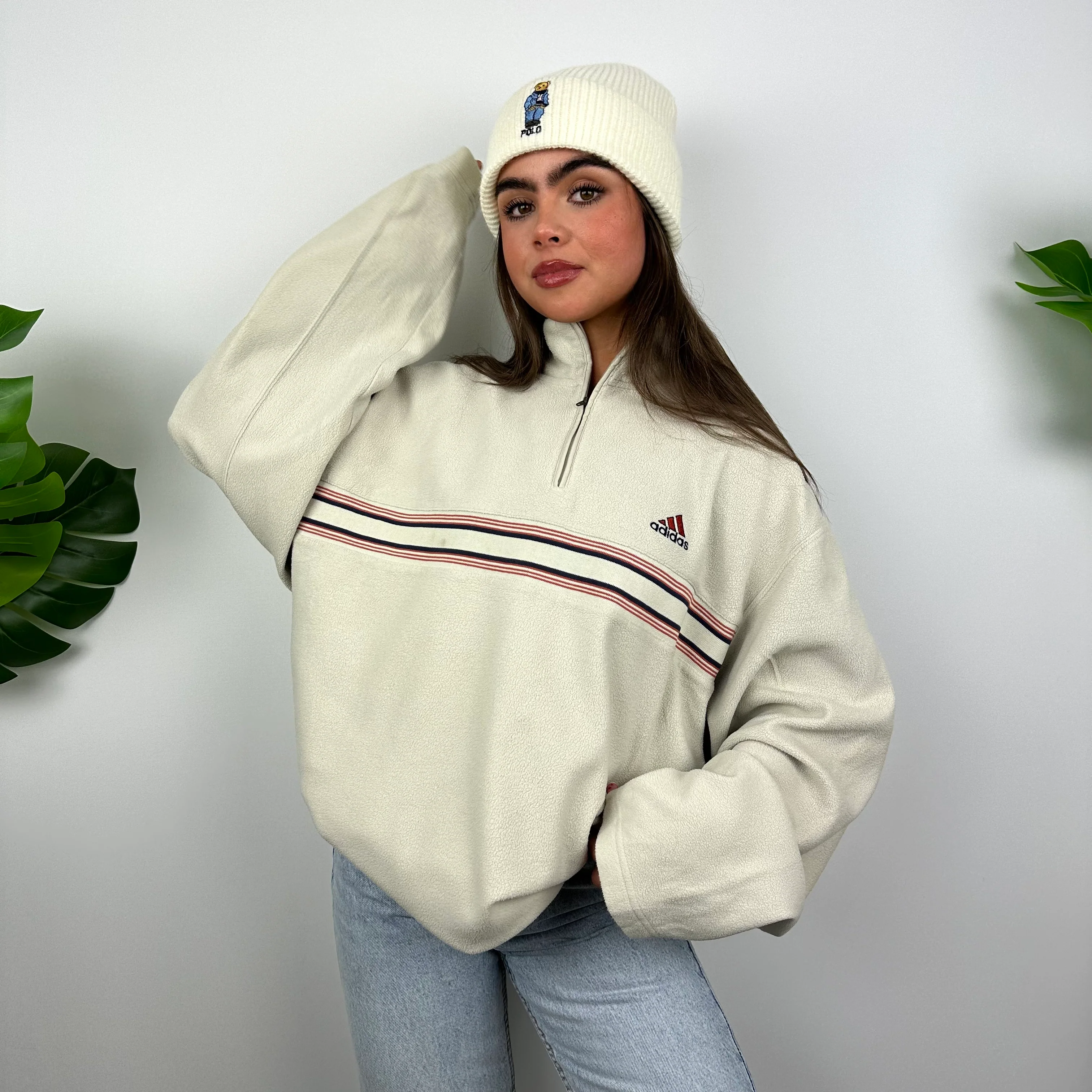 Adidas Cream Embroidered Spell Out Teddy Bear Fleece Quarter Zip Sweatshirt (XL) - Image 4