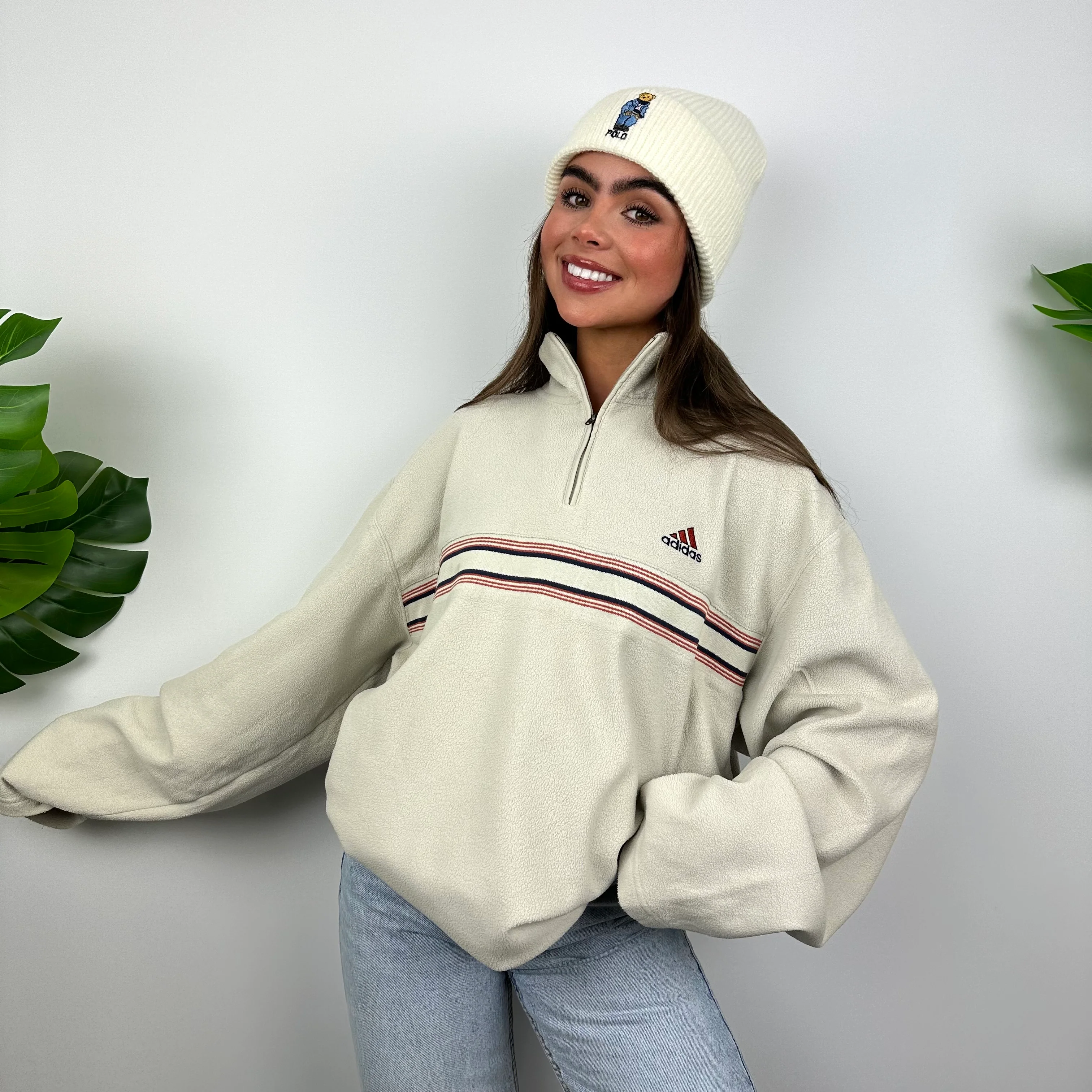 Adidas Cream Embroidered Spell Out Teddy Bear Fleece Quarter Zip Sweatshirt (XL) - Image 5