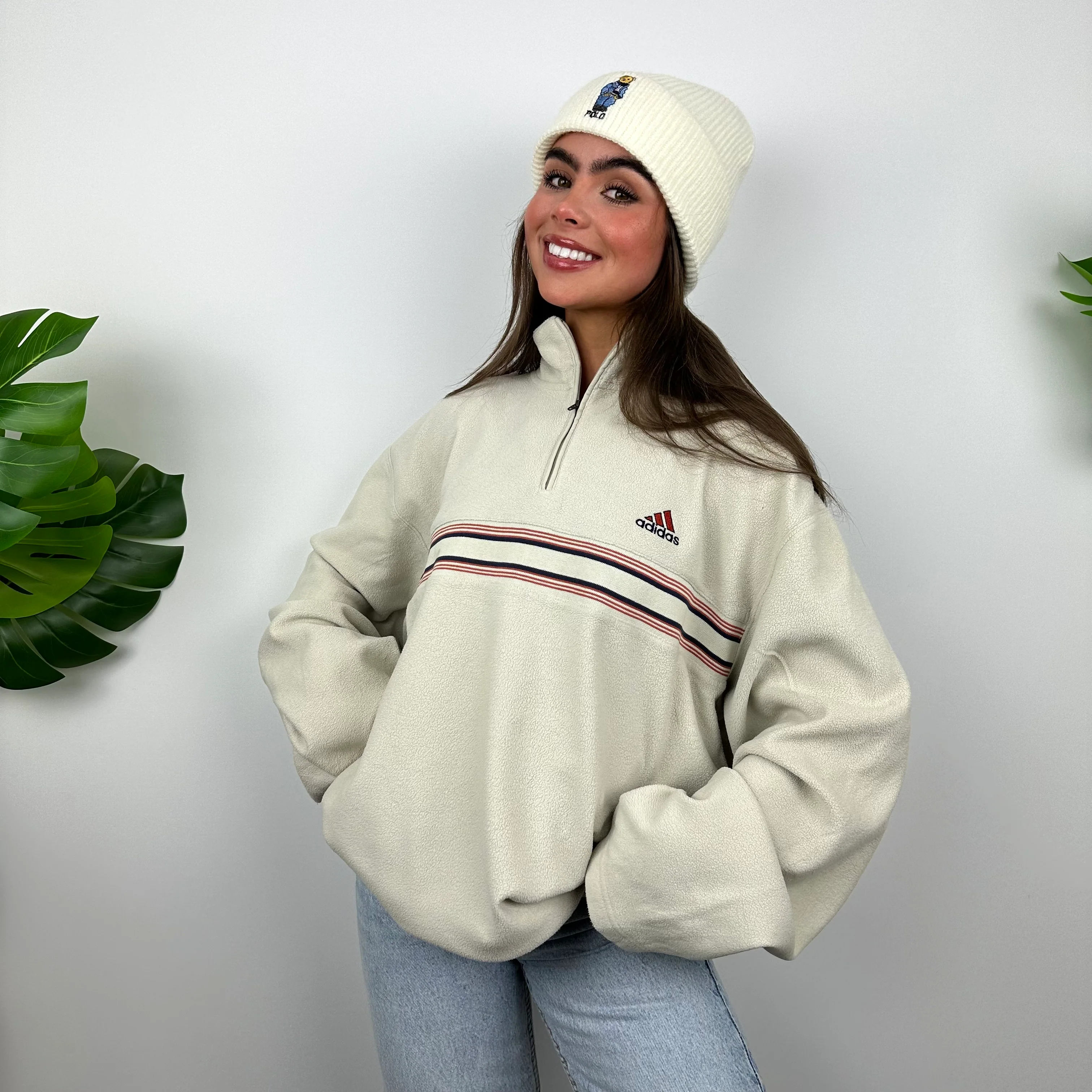 Adidas Cream Embroidered Spell Out Teddy Bear Fleece Quarter Zip Sweatshirt (XL) - Image 7