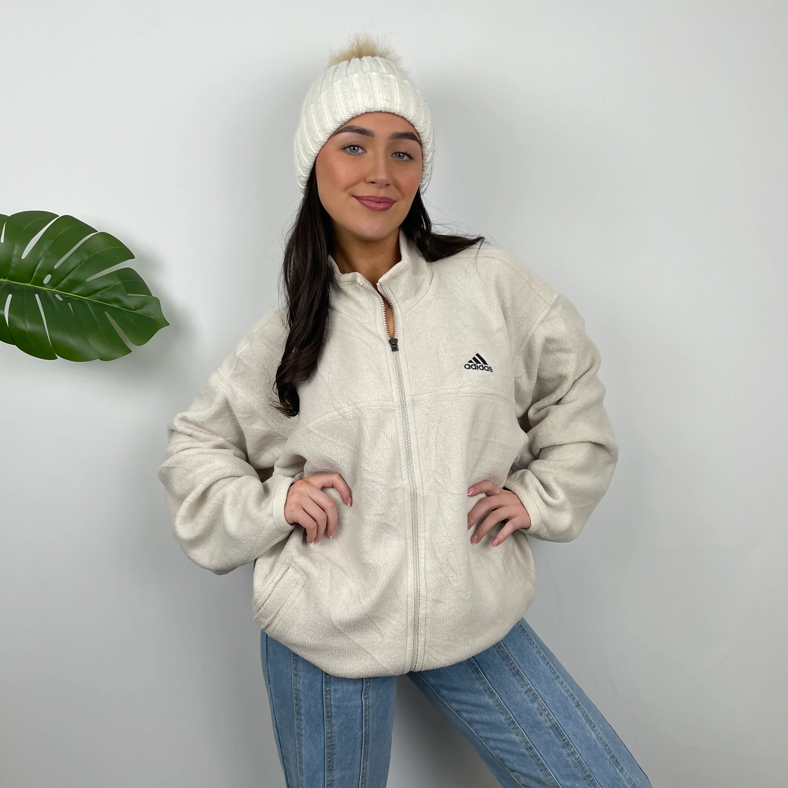Adidas Cream Embroidered Spell Out Teddy Bear Fleece Zip Up Jacket (L) - Image 6