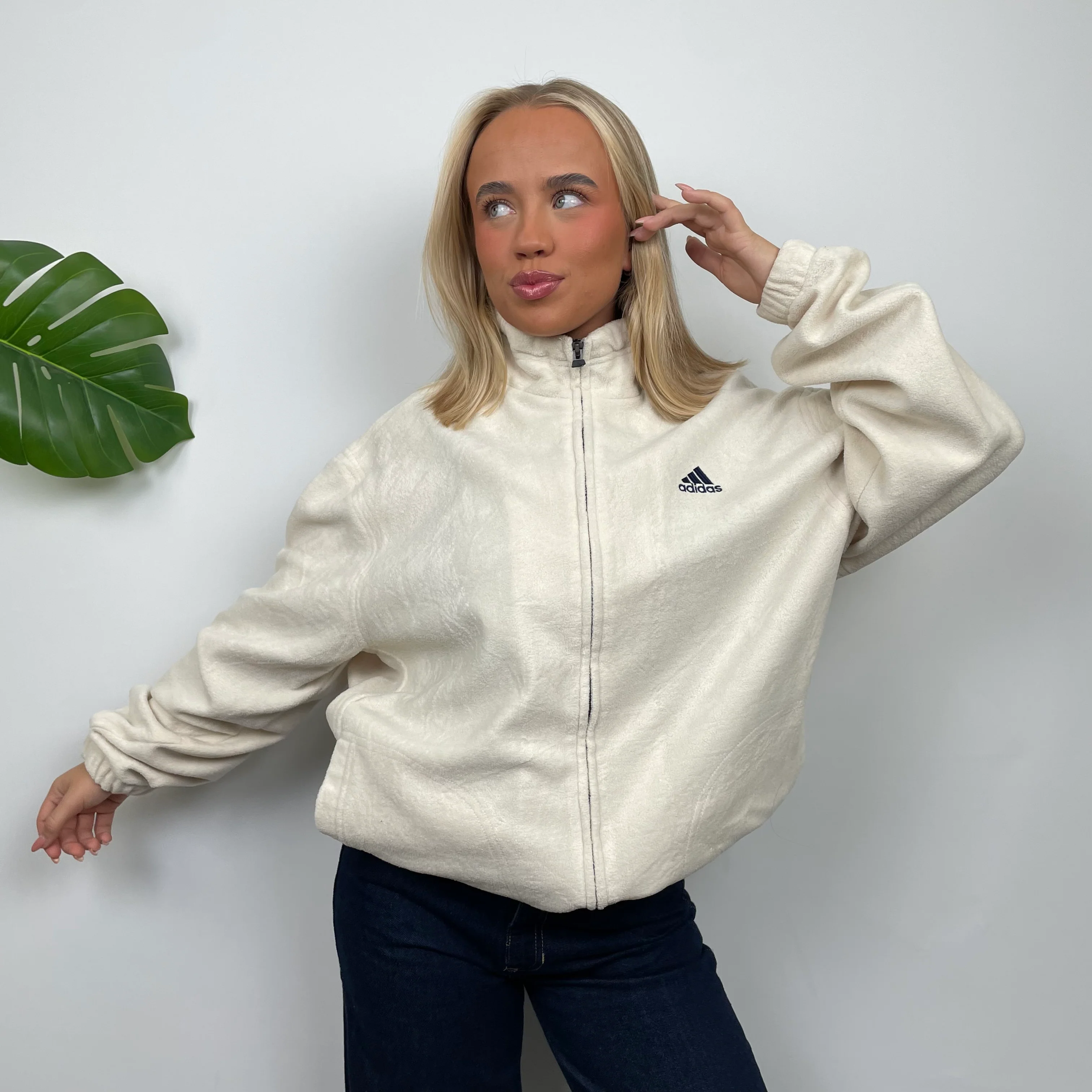 Adidas Cream Embroidered Spell Out Teddy Bear Fleece Zip Up Jacket (L) - Image 2