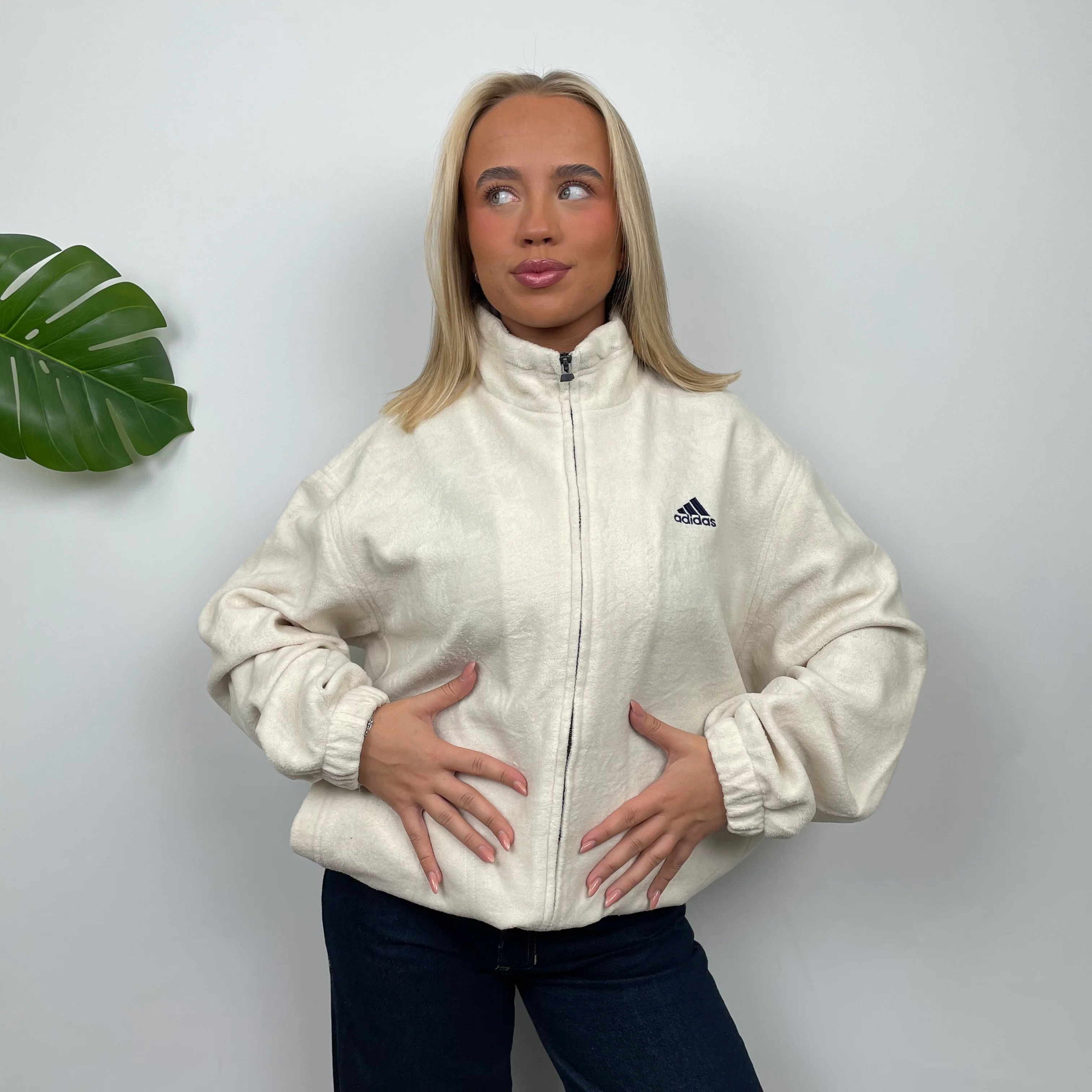 Adidas Cream Embroidered Spell Out Teddy Bear Fleece Zip Up Jacket (L) - Image 3