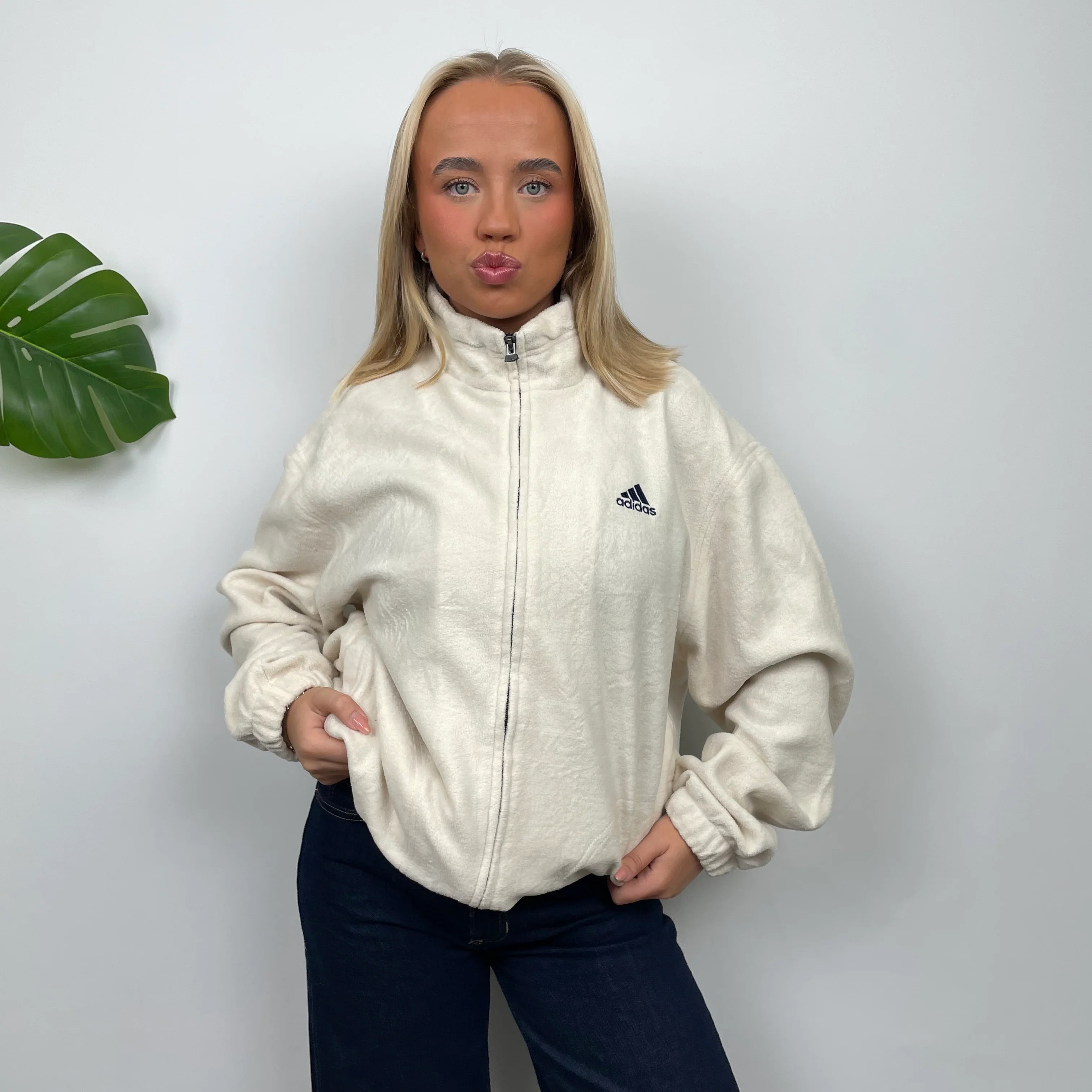 Adidas Cream Embroidered Spell Out Teddy Bear Fleece Zip Up Jacket (L) - Image 4