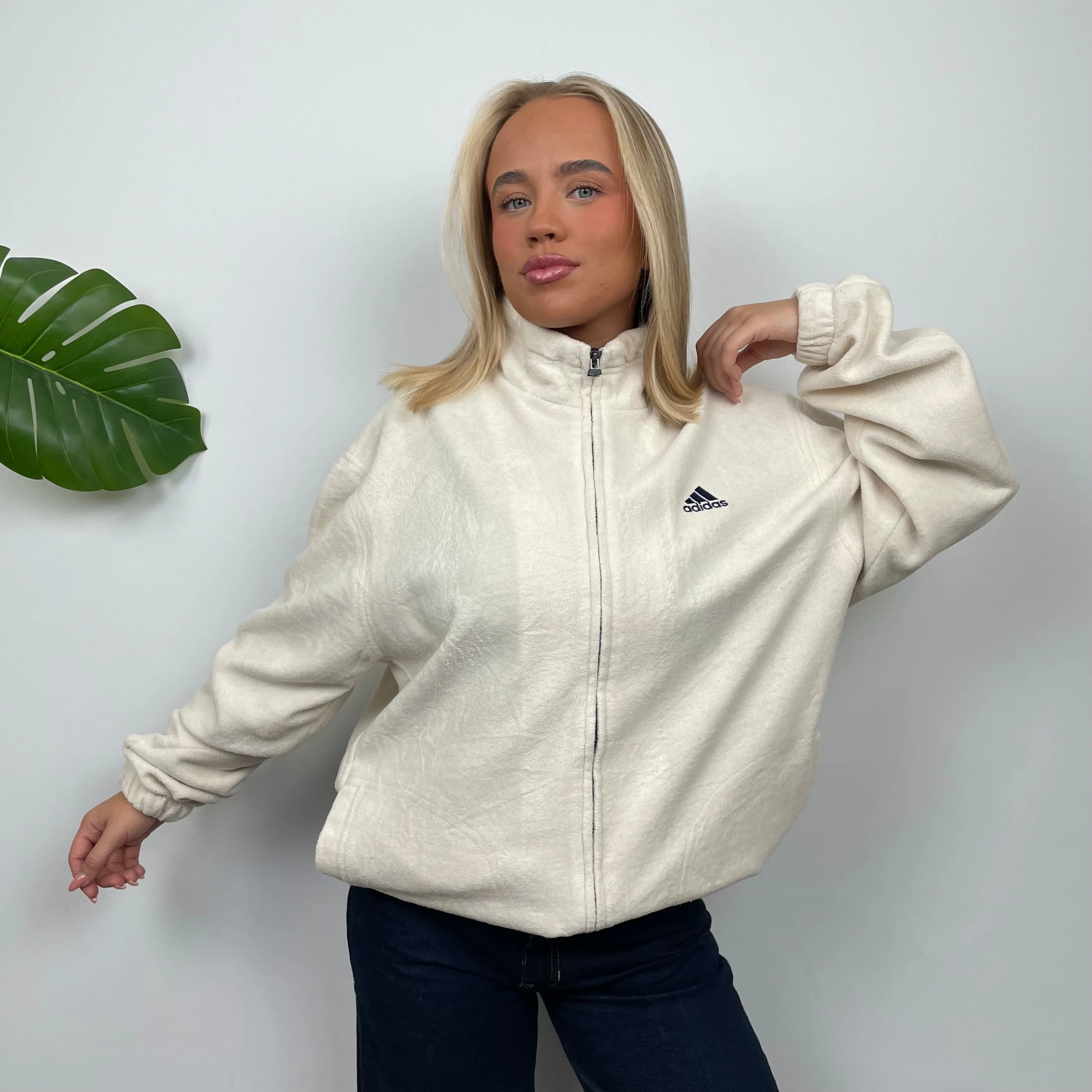 Adidas Cream Embroidered Spell Out Teddy Bear Fleece Zip Up Jacket (L) - Image 5