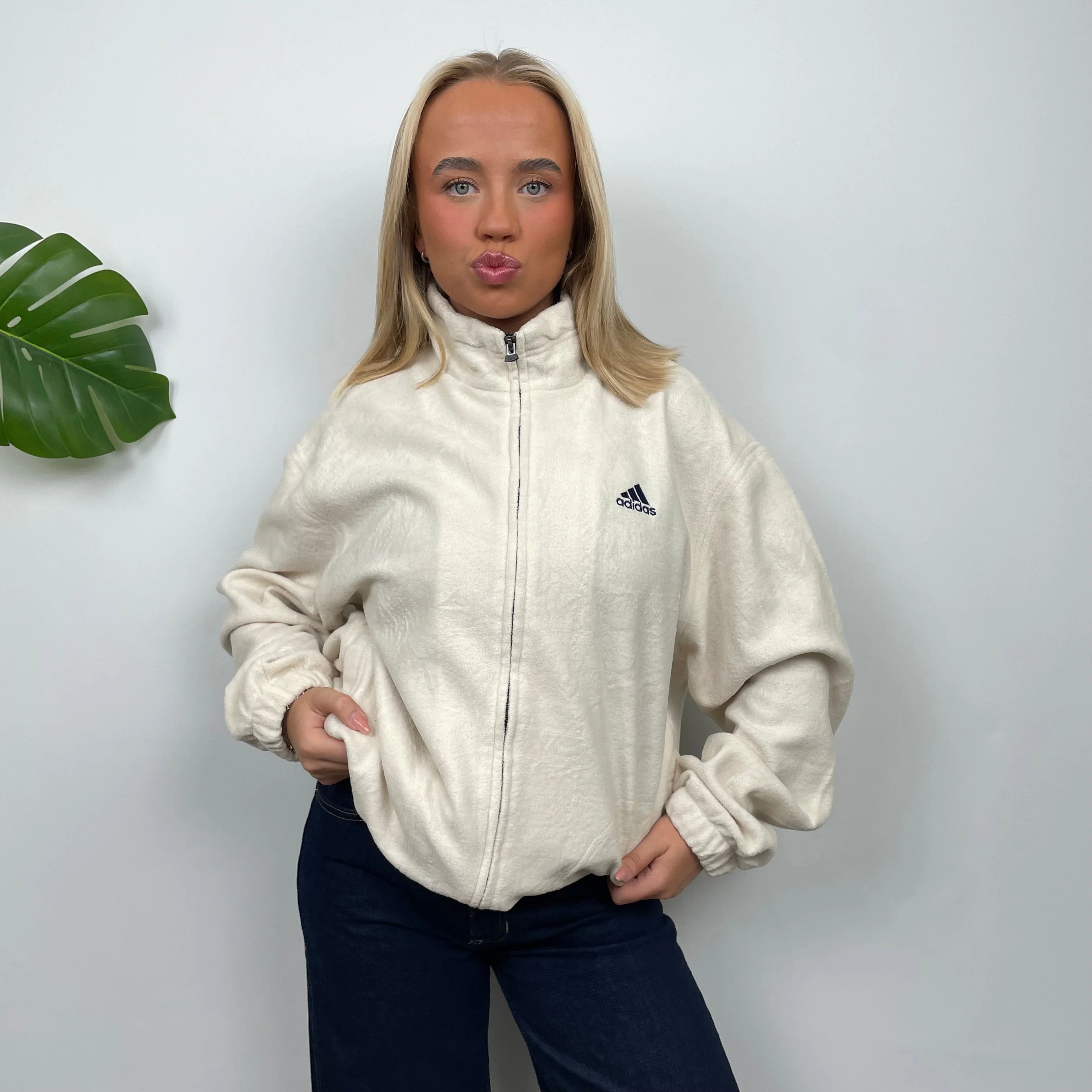 Adidas Cream Embroidered Spell Out Teddy Bear Fleece Zip Up Jacket (L) - Image 6