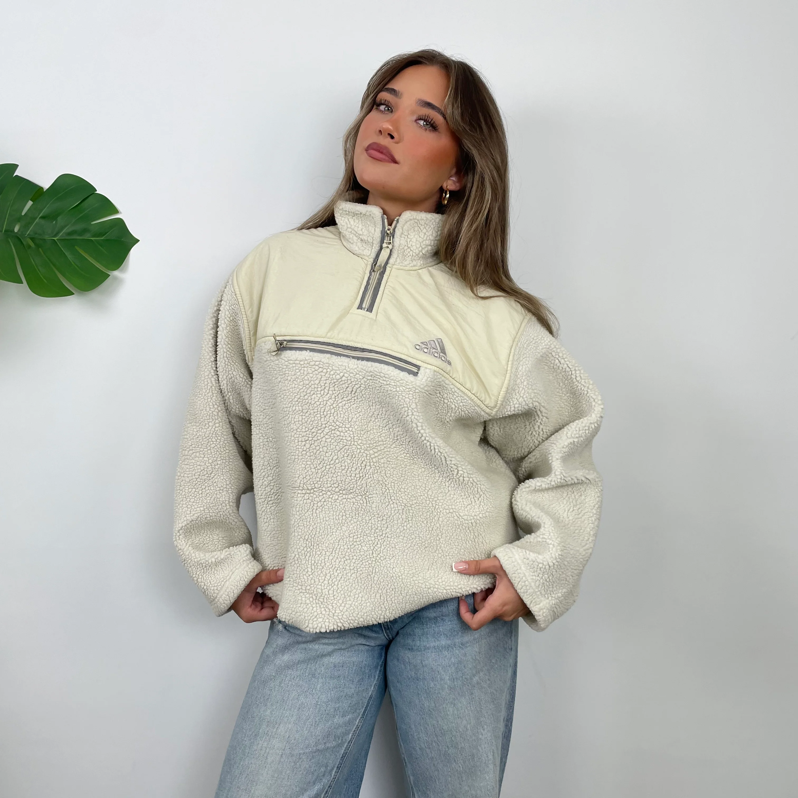 Adidas Cream Embroidered Spell Out Teddy Bear Sherpa Fleece Quarter Zip Sweatshirt (L)