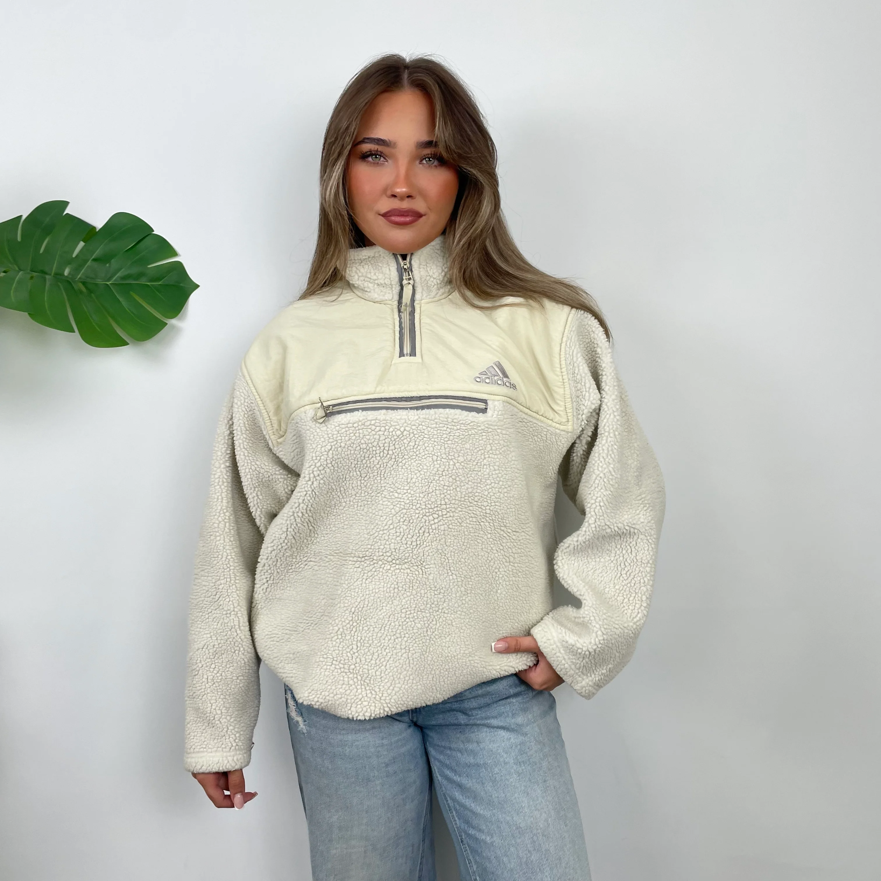 Adidas Cream Embroidered Spell Out Teddy Bear Sherpa Fleece Quarter Zip Sweatshirt (L) - Image 2