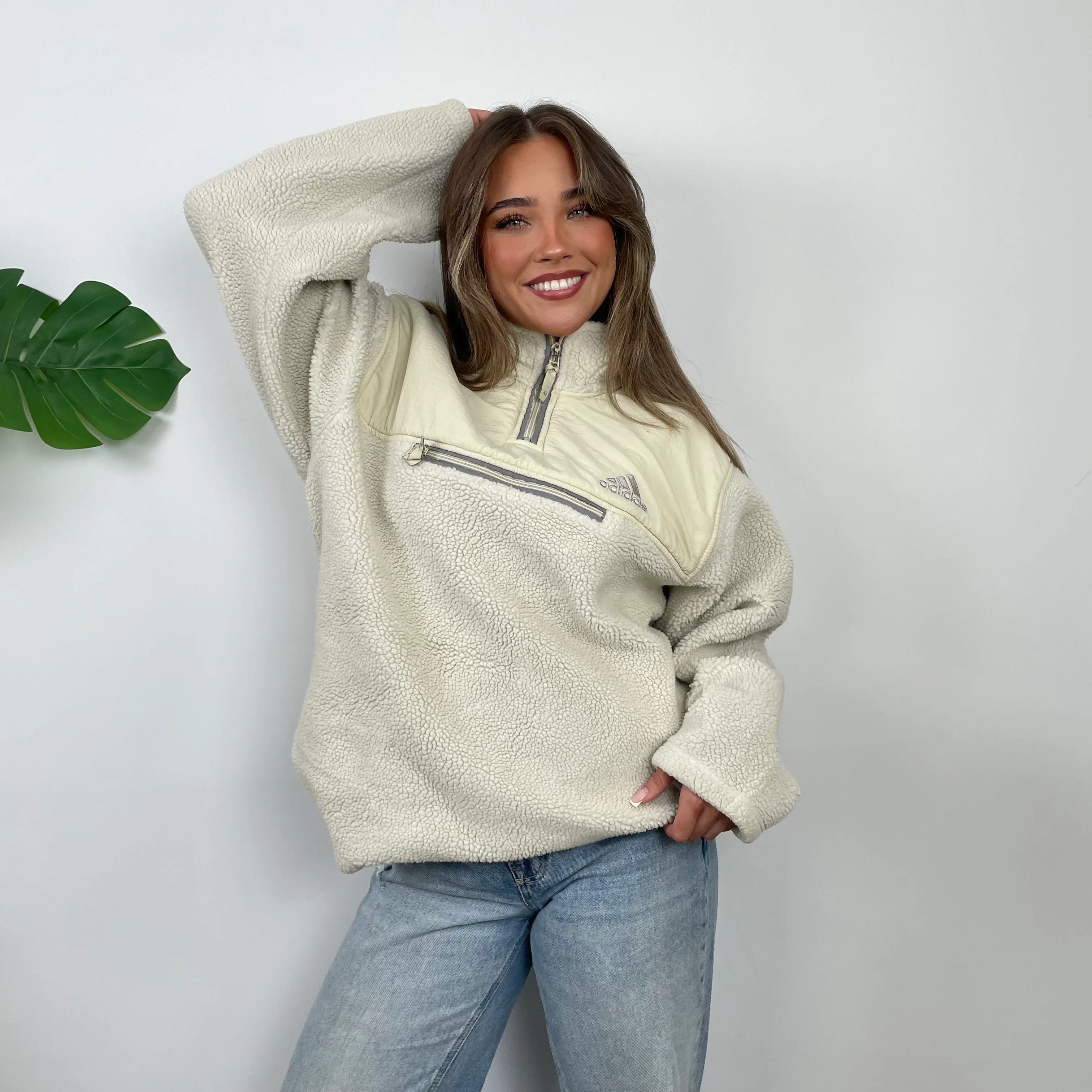 Adidas Cream Embroidered Spell Out Teddy Bear Sherpa Fleece Quarter Zip Sweatshirt (L) - Image 3