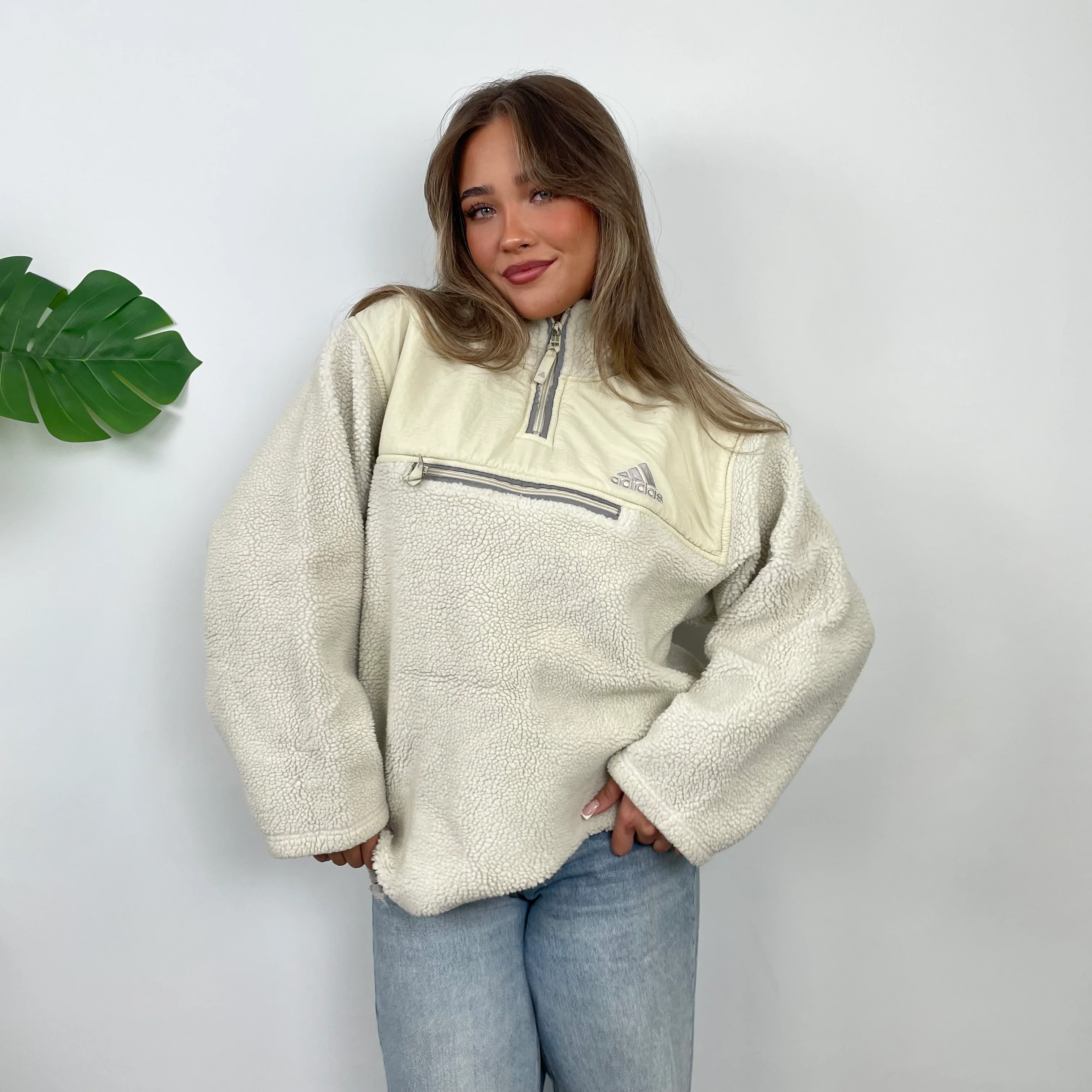 Adidas Cream Embroidered Spell Out Teddy Bear Sherpa Fleece Quarter Zip Sweatshirt (L) - Image 4