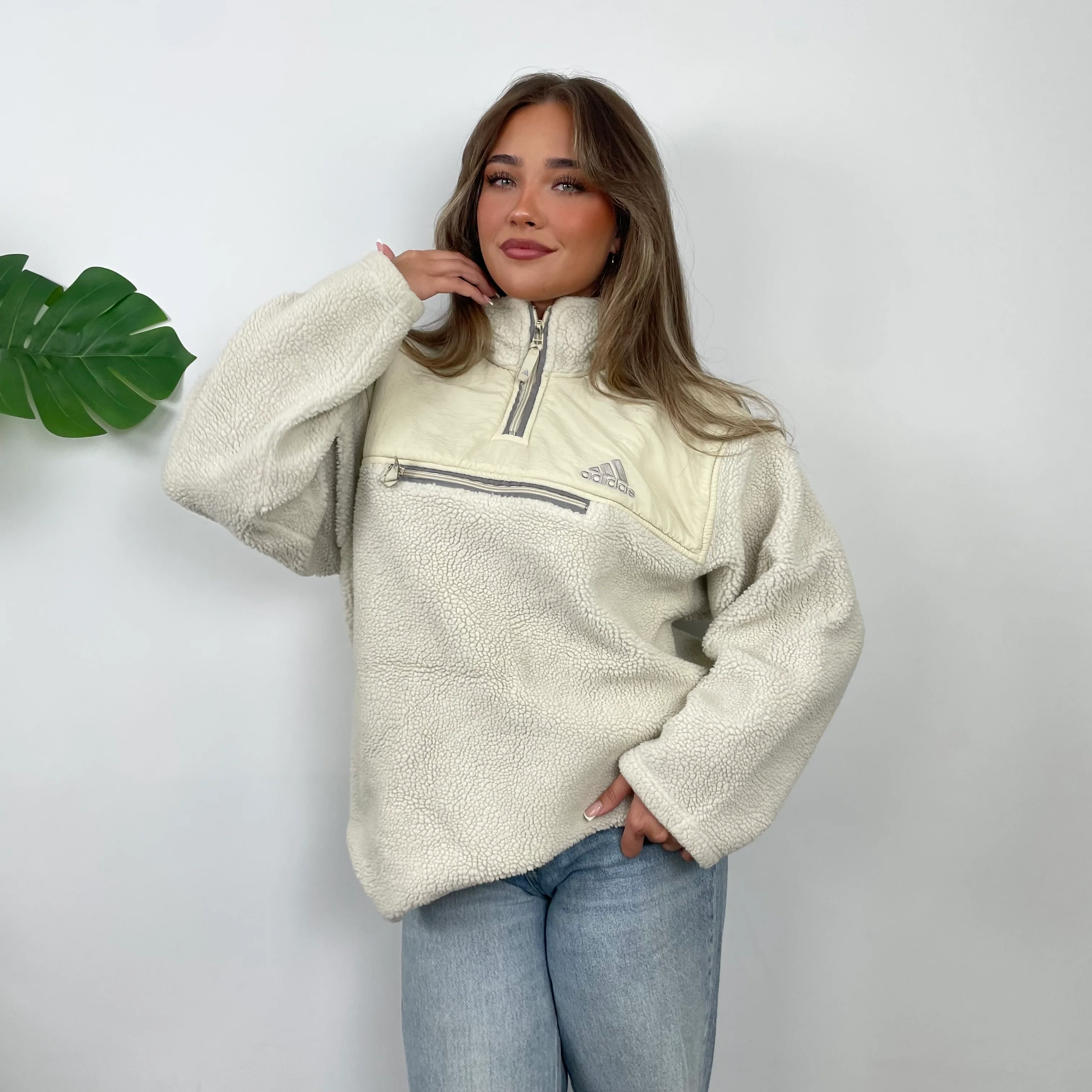 Adidas Cream Embroidered Spell Out Teddy Bear Sherpa Fleece Quarter Zip Sweatshirt (L) - Image 5