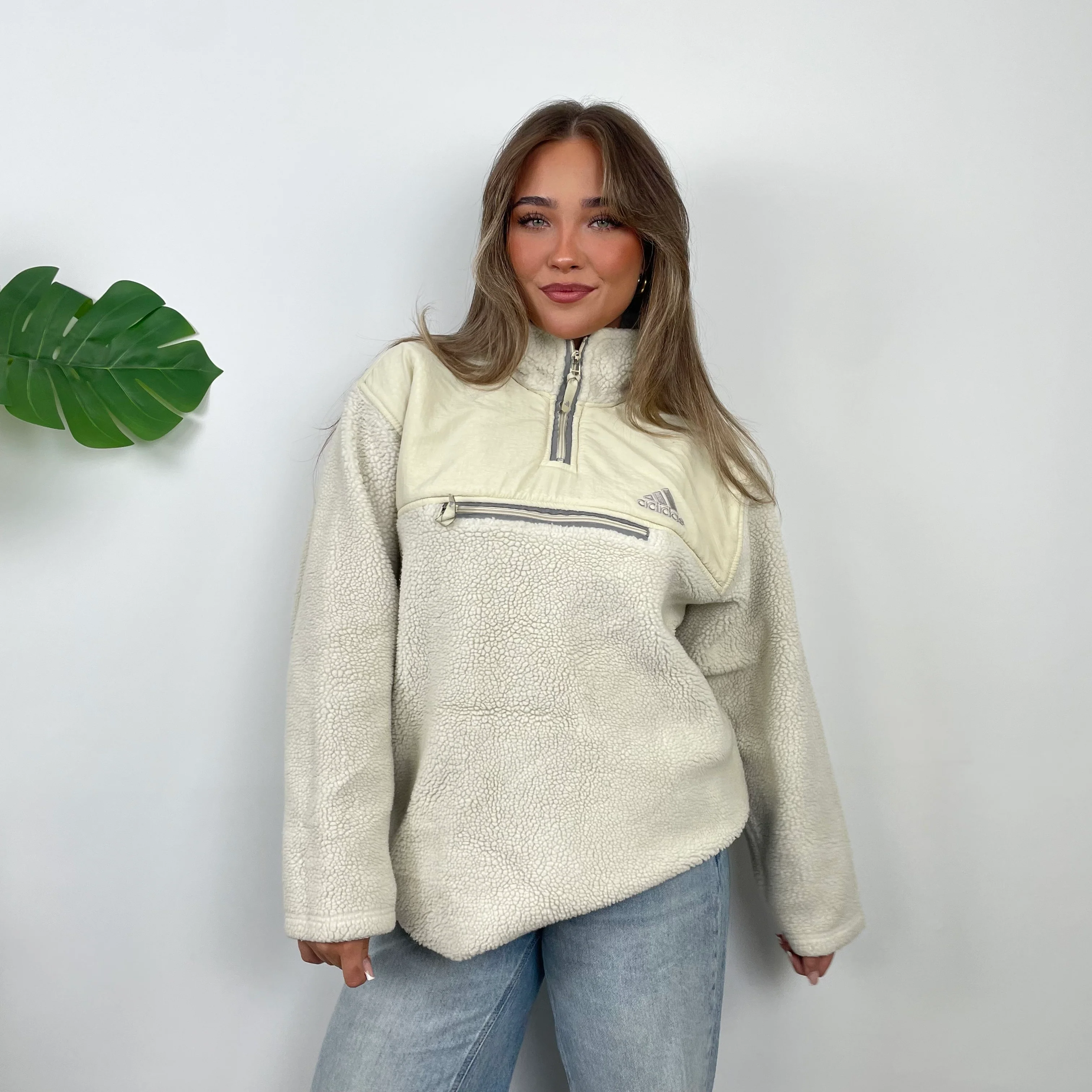 Adidas Cream Embroidered Spell Out Teddy Bear Sherpa Fleece Quarter Zip Sweatshirt (L) - Image 6