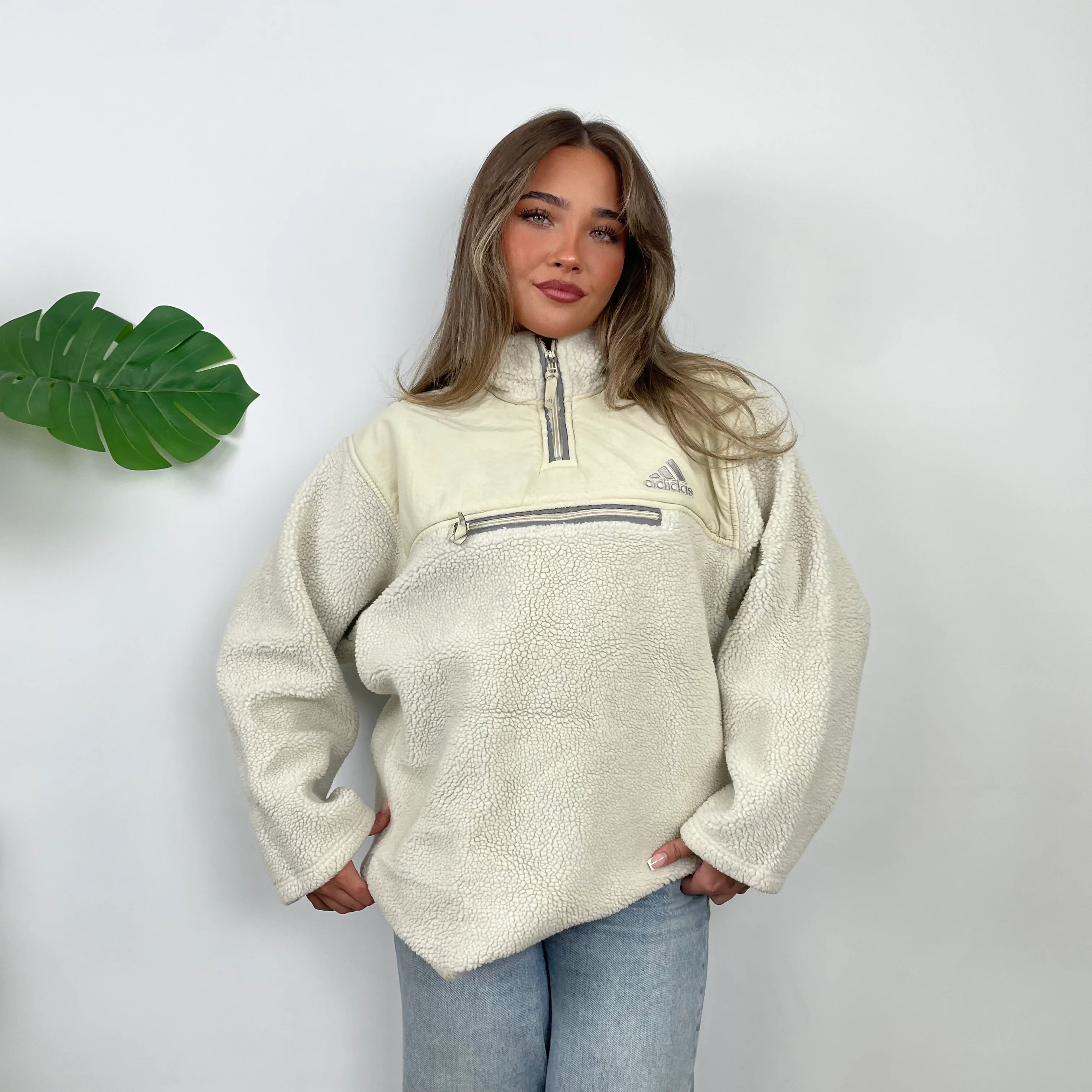 Adidas Cream Embroidered Spell Out Teddy Bear Sherpa Fleece Quarter Zip Sweatshirt (L) - Image 7