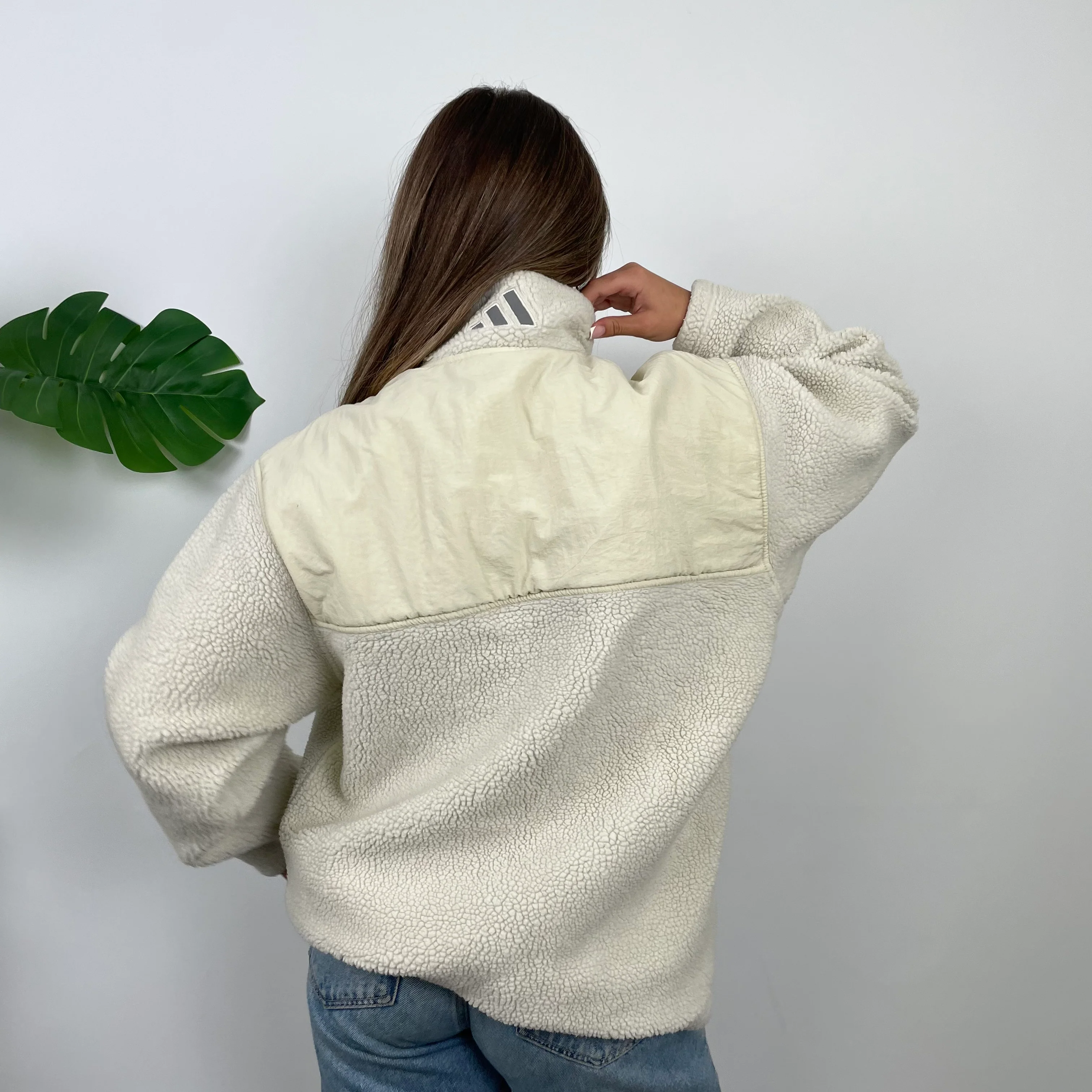 Adidas Cream Embroidered Spell Out Teddy Bear Sherpa Fleece Quarter Zip Sweatshirt (L) - Image 8