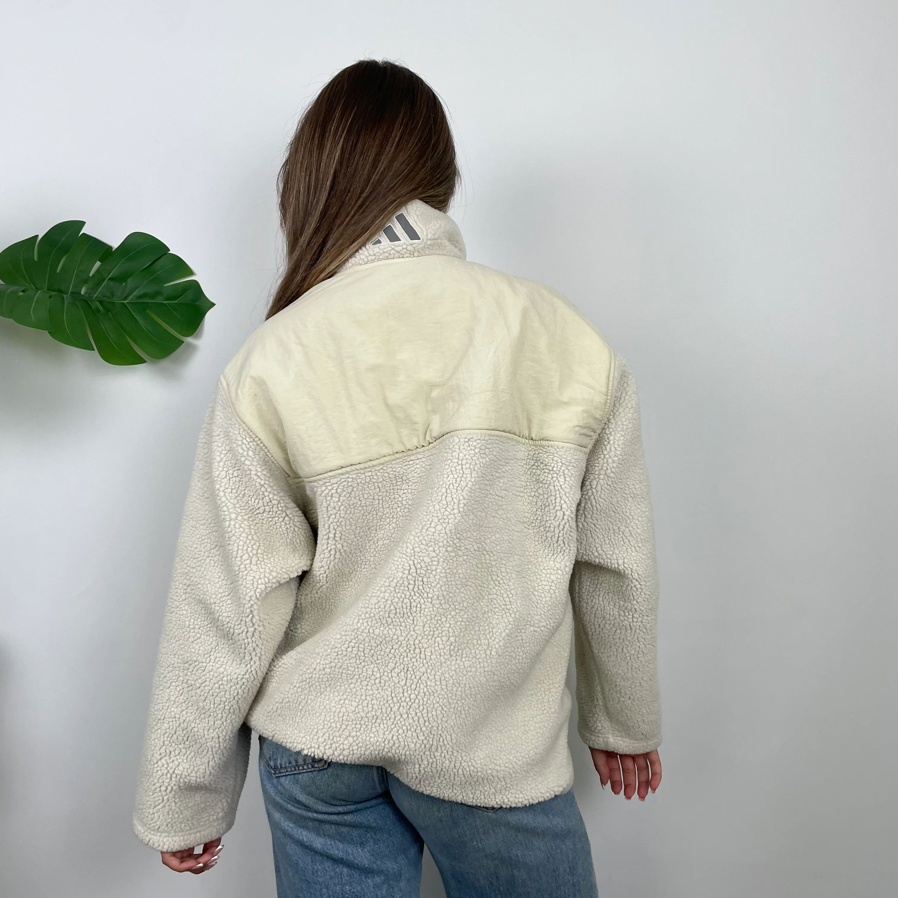 Adidas Cream Embroidered Spell Out Teddy Bear Sherpa Fleece Quarter Zip Sweatshirt (L) - Image 9