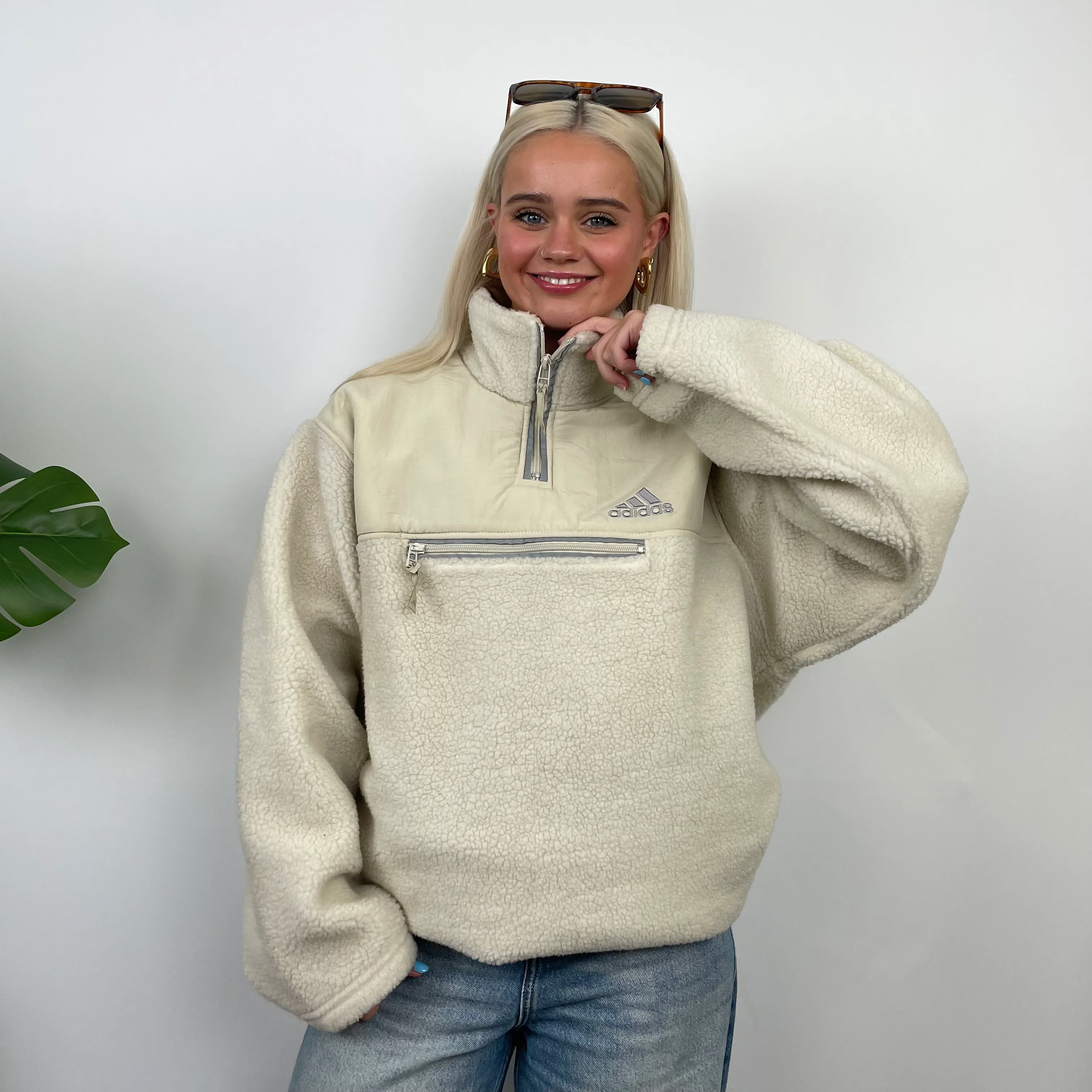 Adidas Cream Embroidered Spell Out Teddy Bear Sherpa Fleece Quarter Zip Sweatshirt (L) - Image 2