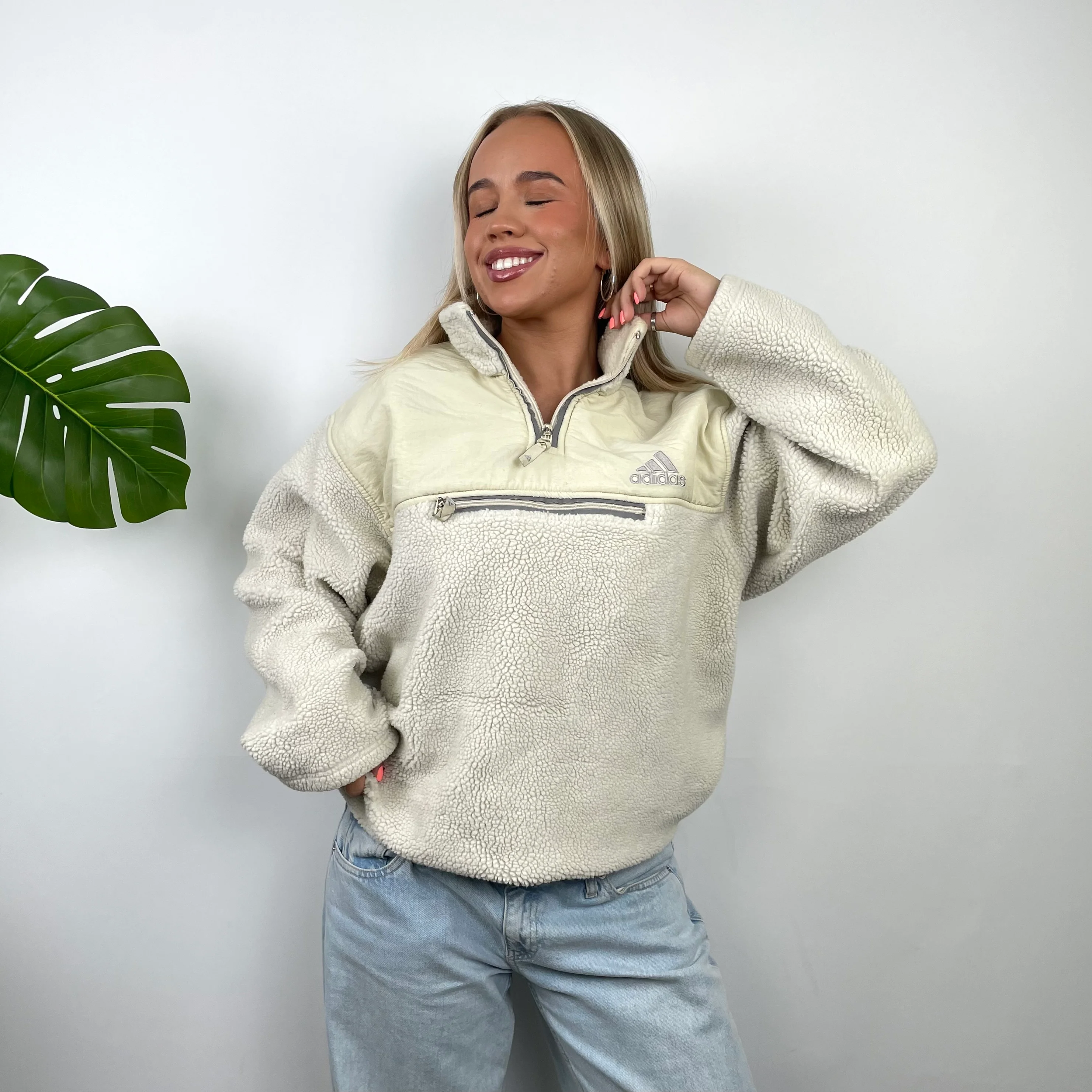 Adidas Cream Embroidered Spell Out Teddy Bear Sherpa Fleece Quarter Zip Sweatshirt (L) - Image 2