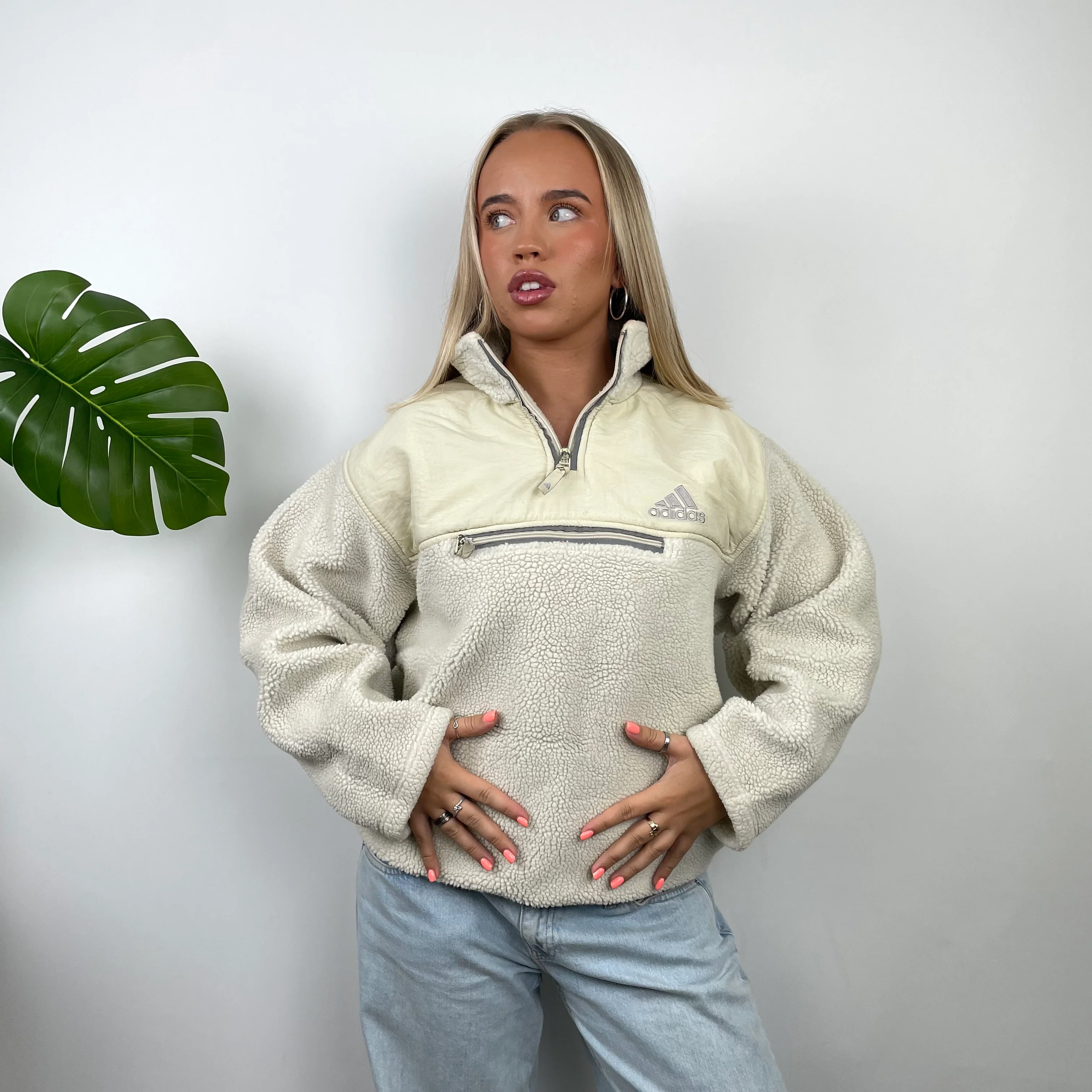 Adidas Cream Embroidered Spell Out Teddy Bear Sherpa Fleece Quarter Zip Sweatshirt (L) - Image 3
