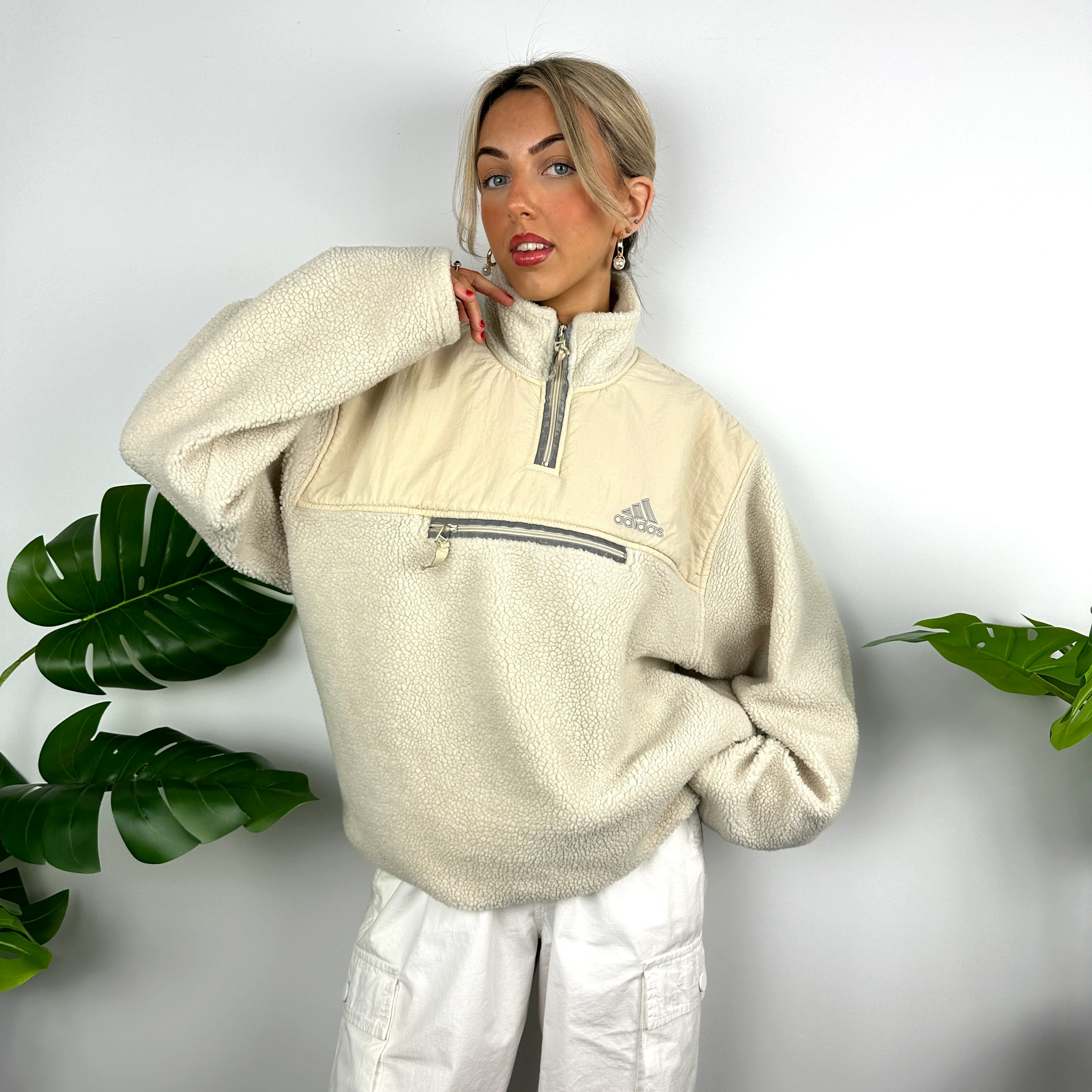 Adidas Cream Sherpa Teddy Bear Fleece Quarter Zip Sweatshirt (L) - Image 3
