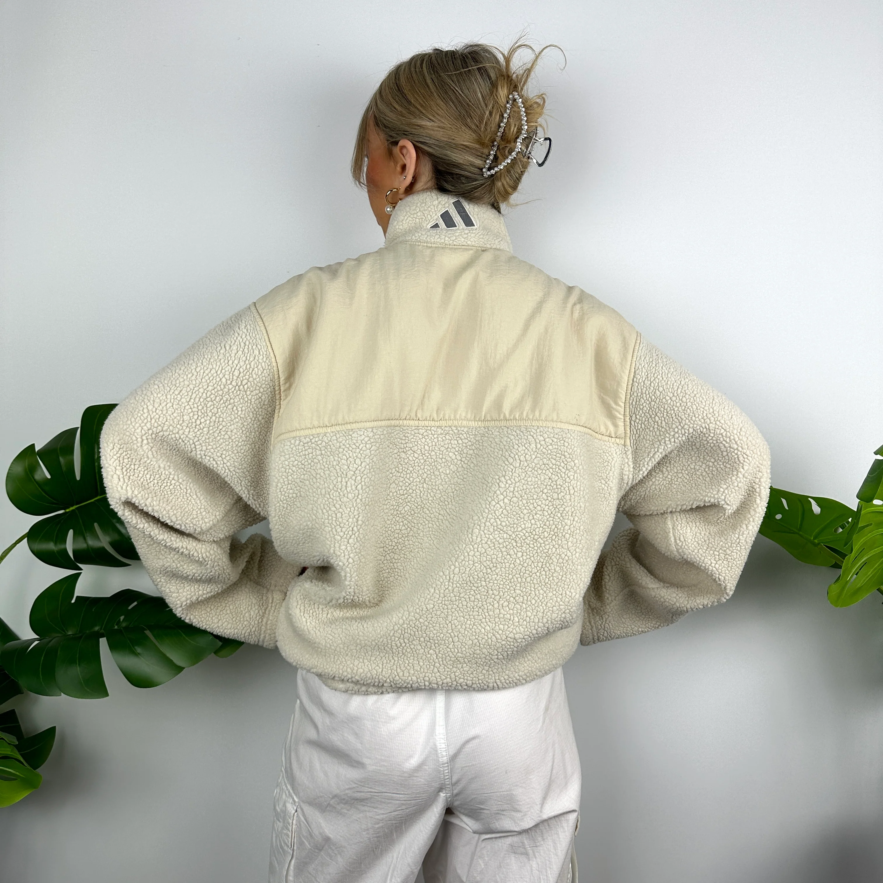 Adidas Cream Sherpa Teddy Bear Fleece Quarter Zip Sweatshirt (L) - Image 4